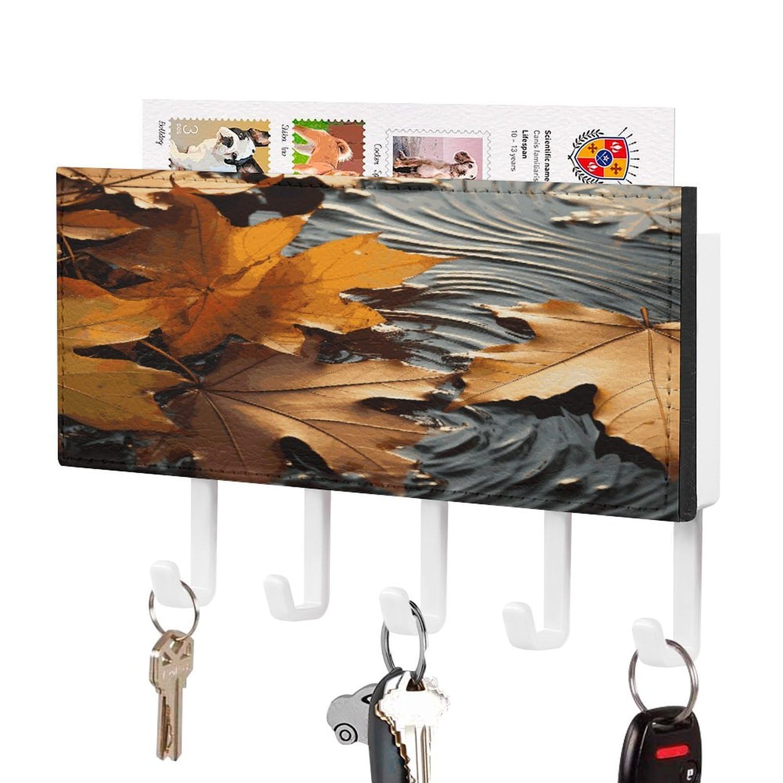 Fekiloot White-Style Fall Leaves Key Holder Wall Mount Key And Mail Holder Key Hanger With 5 Hooks Decorative Pu Key Rack Hanging Key Hooks For Wall Living Room Kitchen Bathroom Hallway