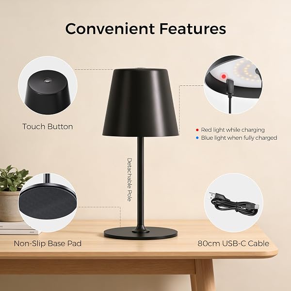 UPXNBOR Night Light, LED Touch Bedside Table Lamp, Cordless Rechargeable USB Table Lamp, 3-Level Dimmable Brightness, IP54 Waterproof, Full Metal Housing, Dual Battery Power, Black - 5