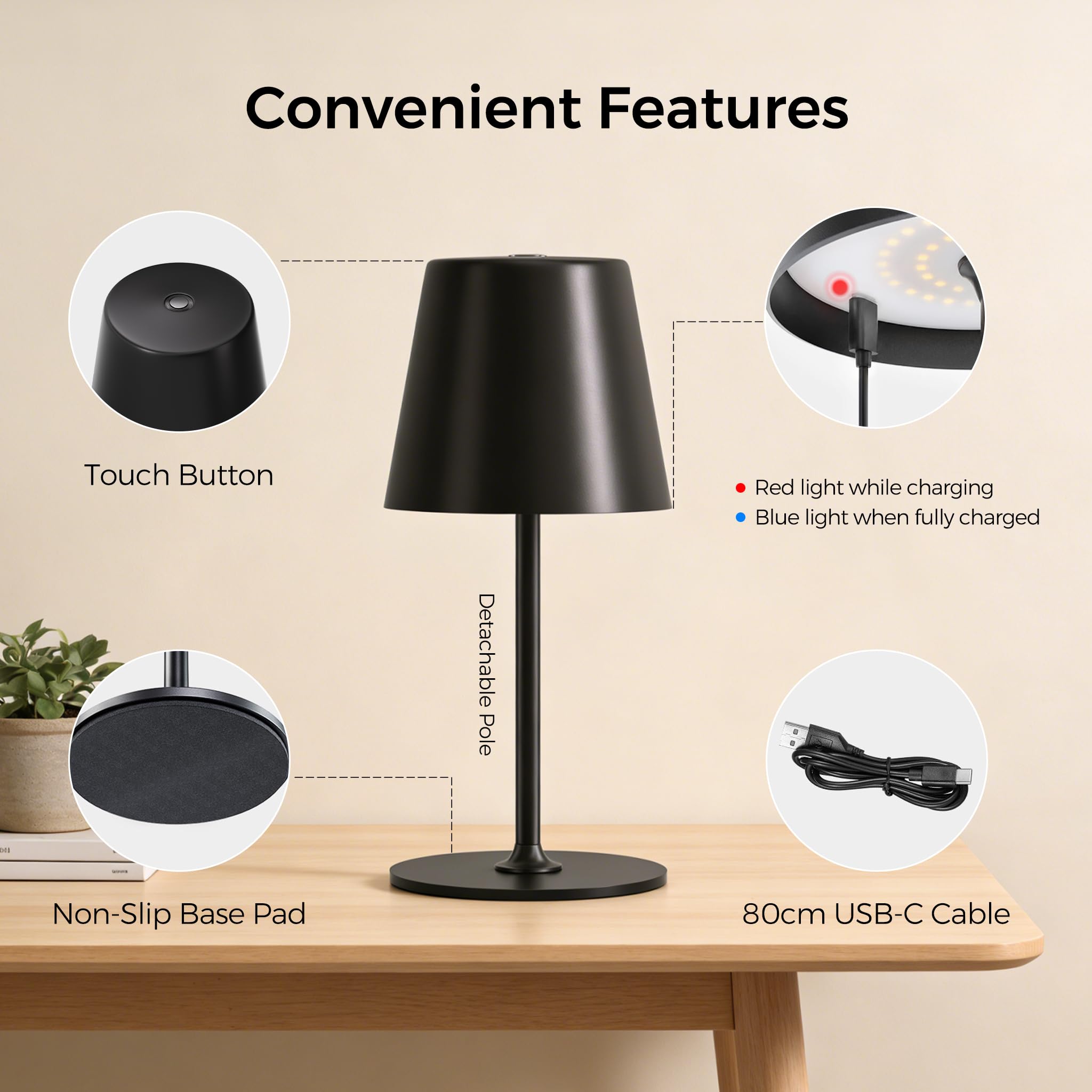 LED Tischlampe Kabellos 2 Stück, Dimmbare Nachttischlampe Touch, Akku Tischleuchte Kabellos, Indoor Outdoor Tischlampe Akku, 3-stufig Warmlicht, IP54 Wasserdicht, Vollmetallgehäuse, Schwarz