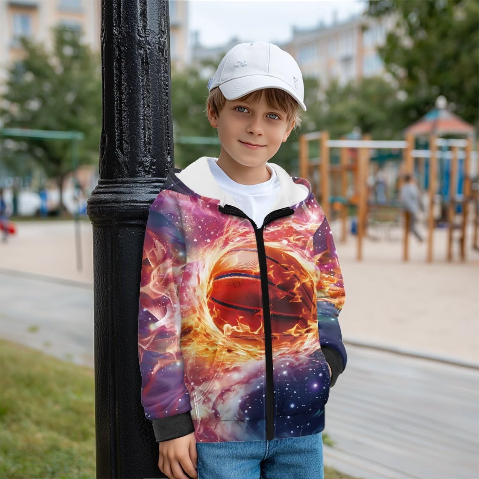 Biyejit Balls Jungen Kapuzenpullover mit durchgehendem Reißverschluss, Fleece-Oberteil, Sweatshirt mit Taschen, langärmelig, Frühling, Herbst, Winter, Kleidung für Schule, Laufen, Spazierengehen