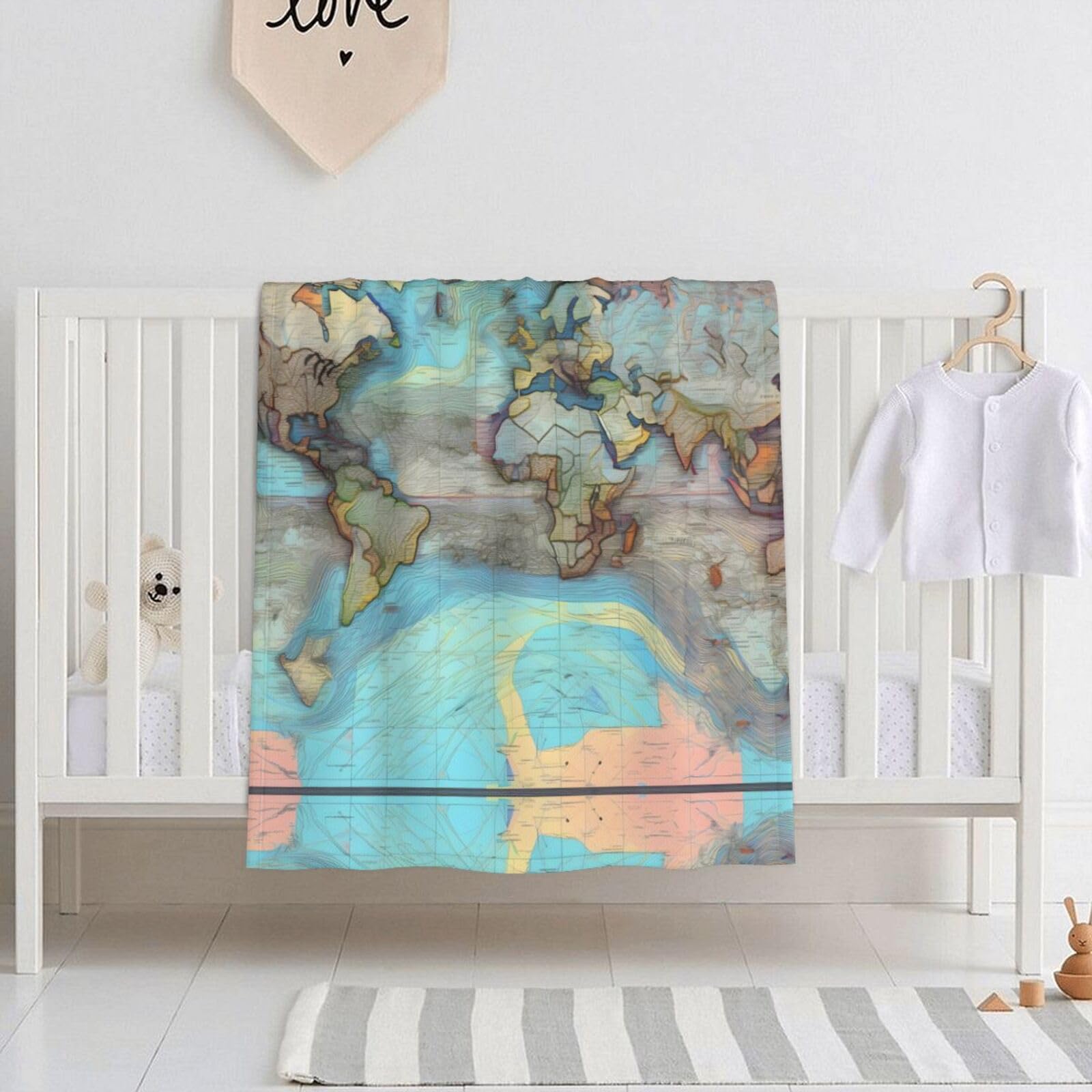 Wbqlsl Black Cartoon World Map Pattern Baby Blanket 30"X40" Crib Nap Blanket Newborn Gift