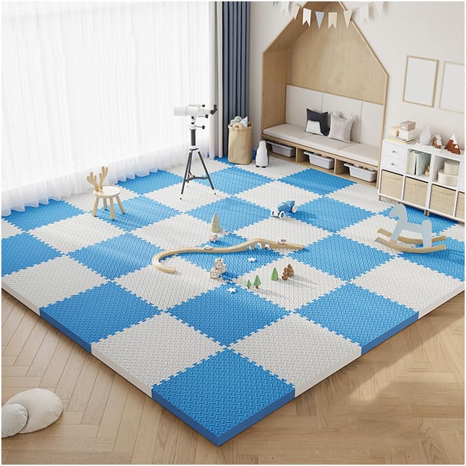 24Pcs EVA Foam Interlocking Puzzle Floor Mats – Soft Non-Slip 12×12 Inch Gym Exercise Tiles for Kids Playroom & Home Floor Protection – Blue & White