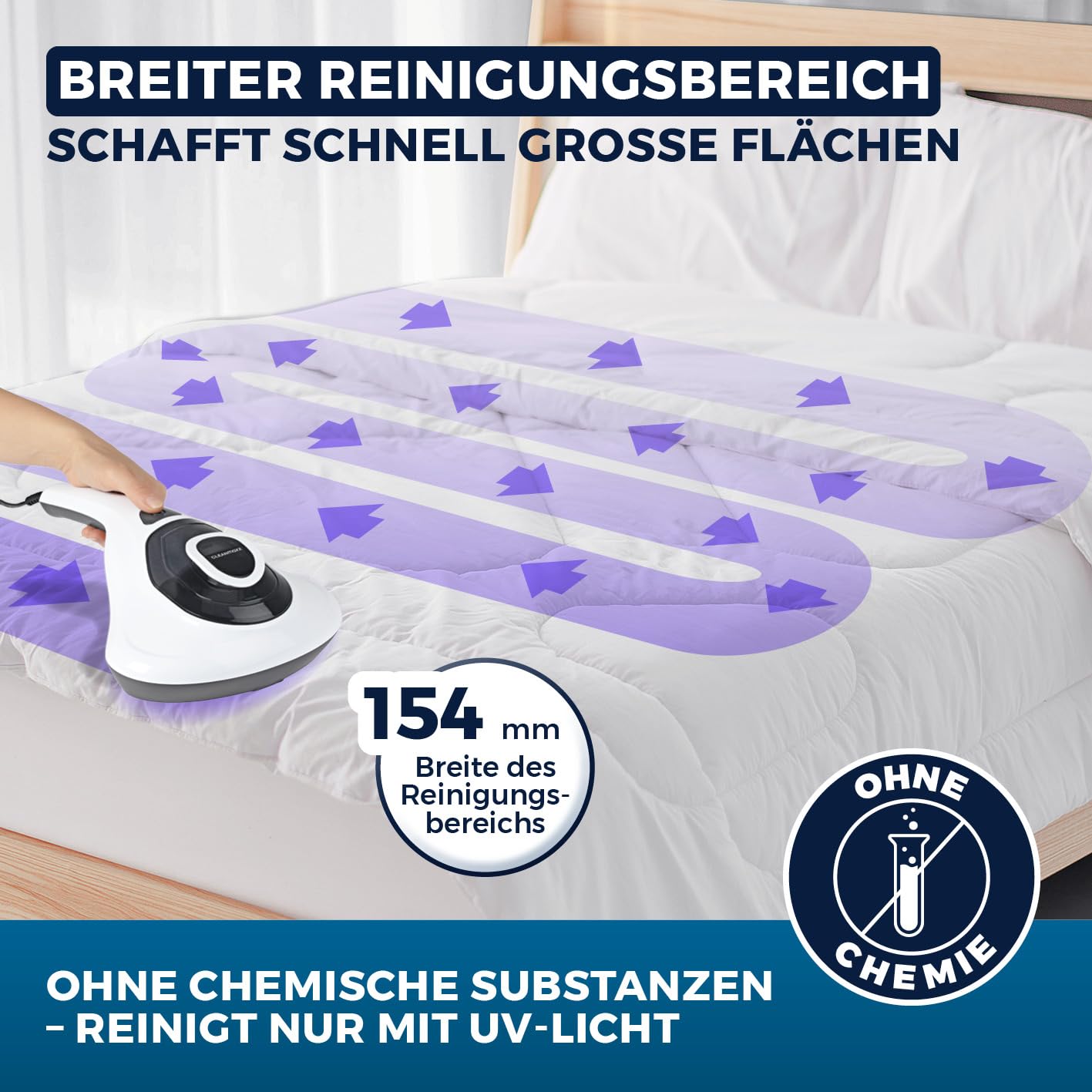 CLEANmaxx Milbensauger für Matratzen mit UV-C-Licht | Matratzenreiniger mit HEPA-Filter, entfernt 99,9% Aller Milben | Matratzensauger mit Ultraschall, Hitze & Vibration