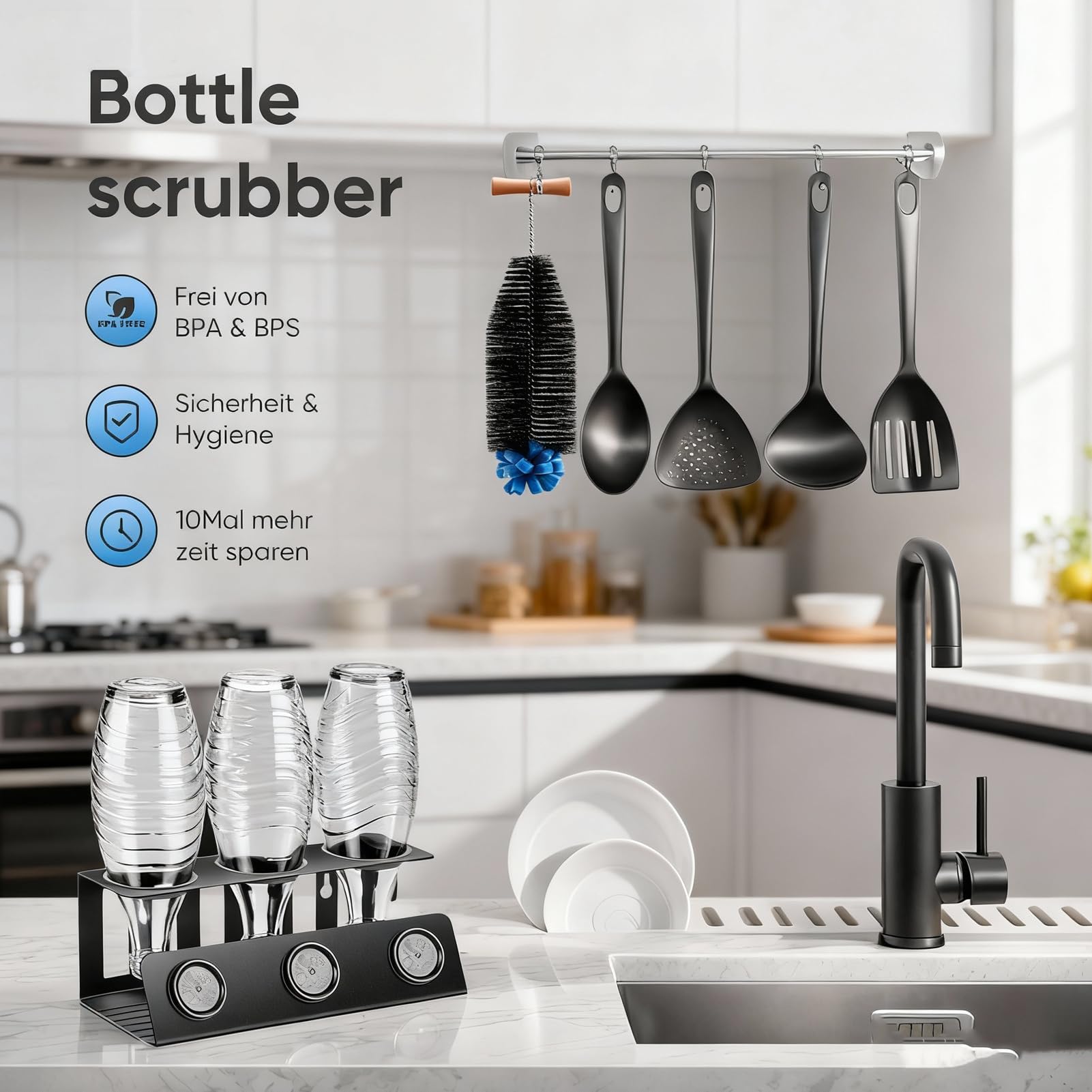 Scovolino per Bottiglie 31 cm con Testa in Spugna Morbida, Pulizia Senza Graffi Potente per Bottiglie Sodastream, Duo, Vetro e Plastica – Spazzola Lunga Ergonomica e Durevole