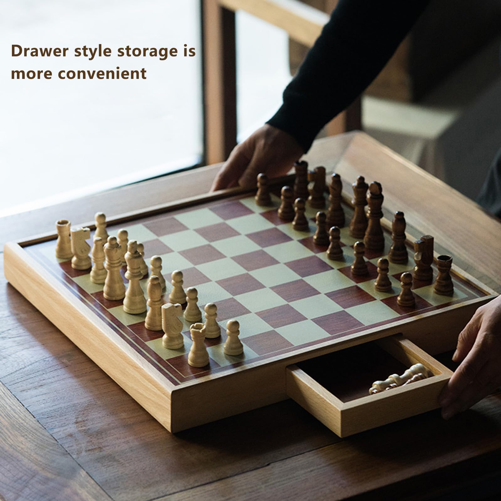 Scacchiera in Legno,11.8" Scacchiera Portatile Con pezzi di scacchi e cassetti di stoccaggio incorporati, Facile da trasportare,Set da Viaggio per Scacchi in Legno per Scacchi P(Size:15.7*15.7*1.9in)