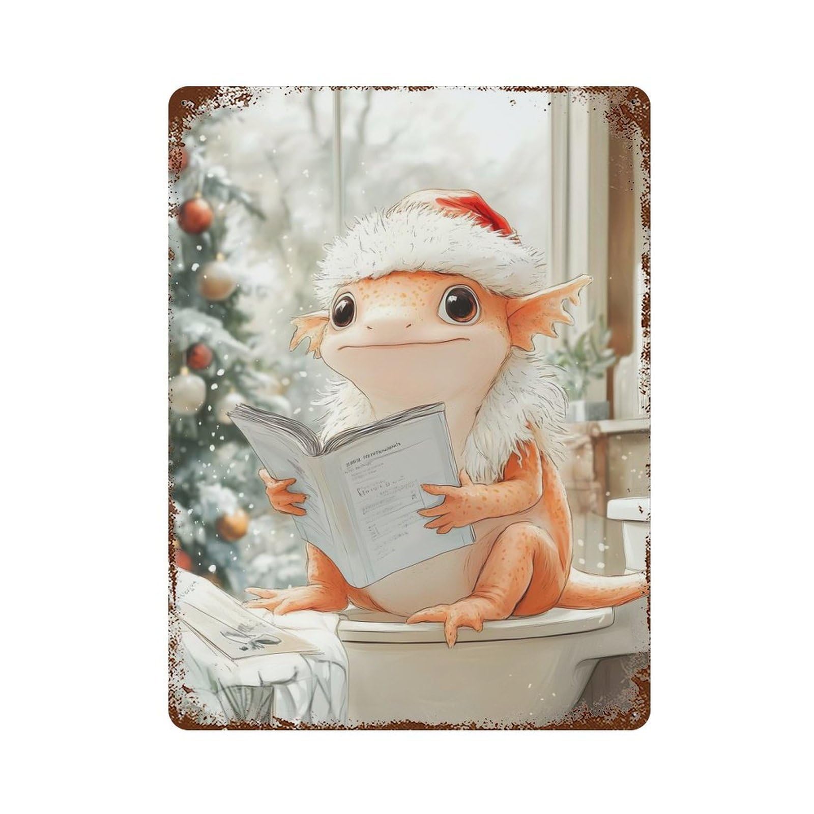 Garage Style Christmas Axolotl Lizard Toilet Rusty Metal Tin Sign 15.7"x11.8", Industrial Home Decor for Bar And Workshop