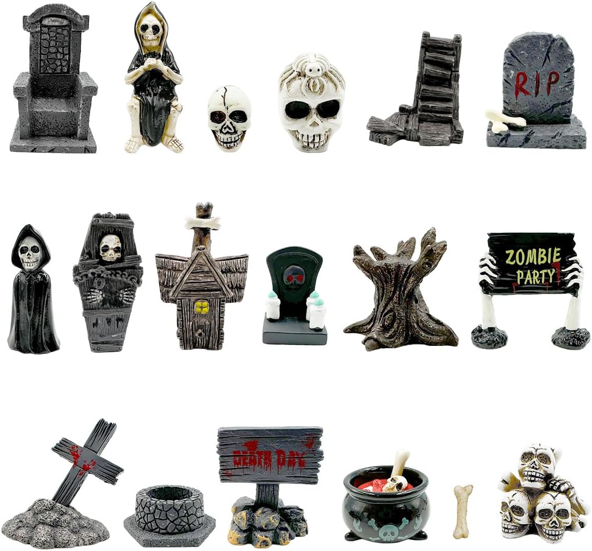 Suartus Halloween Miniature Figurines - 18Pcs Resin Ghost Tombstones Skull Heads Scene Ornaments Halloween Garden Accessories Mini Figurine Decorations for Outdoor Statues Home Village Crafts Decor