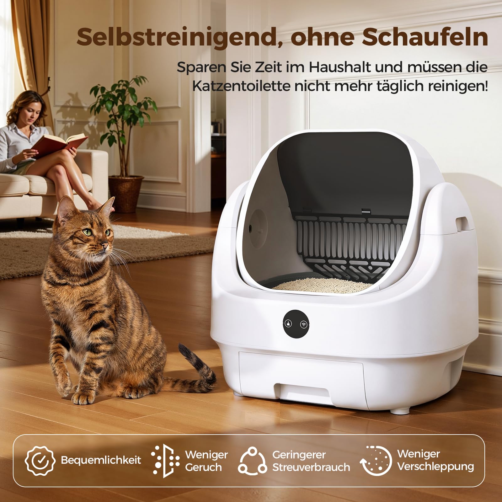 Katzenklo Selbstreinigend Offen, Ellenpent Elektrische Katzentoilette für Große Katzen mit Geruchskontrolle - App-Steuerung & Sensoren Katzenklo Automatische Reinigung