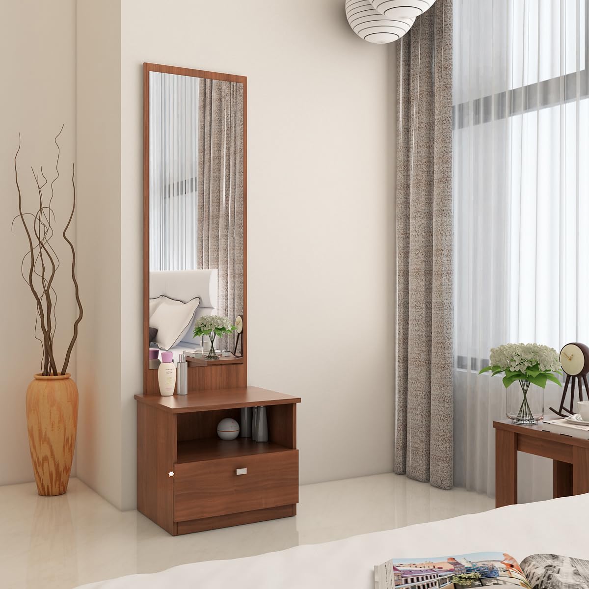 ABBAJI INTERIORS Engineered Wood Dressing Table with 2 Shelves and 1 Drawer (Light Brown)-image-46