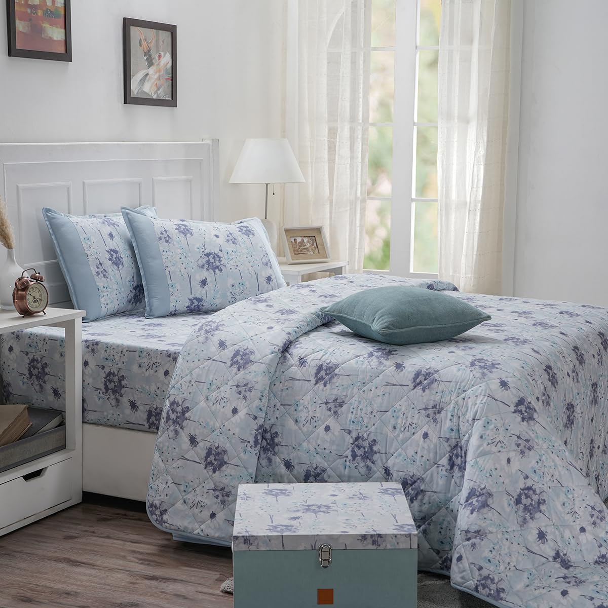 maspar Optimist Bloom Spongy Floral 6 pcs Bed Box Set, 1 Quilt (228 x 265 cm) + 1 Bed Sheet (275 x 275 cm) +2 Pillow Case + 1 Cushion Cover + 1 Box, Blue-image-15
