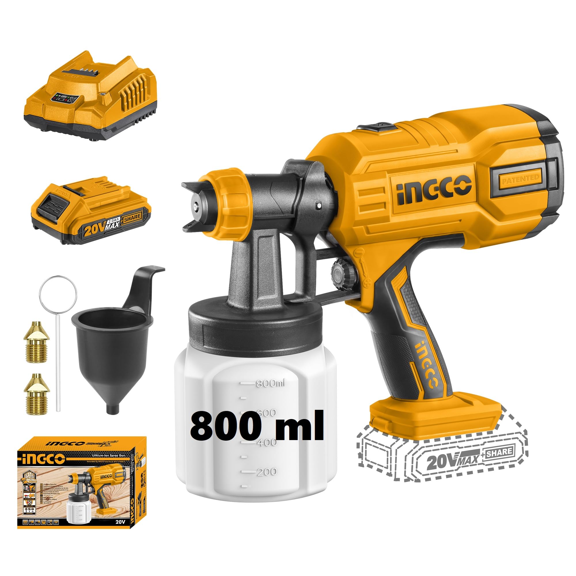 Ingco Paint Spray Machine, Cordless Paint Spray Gun, 800Ml, Spray Gun For Painting With Battery And Charger, For Color Wall, Fencing (Multicolor)