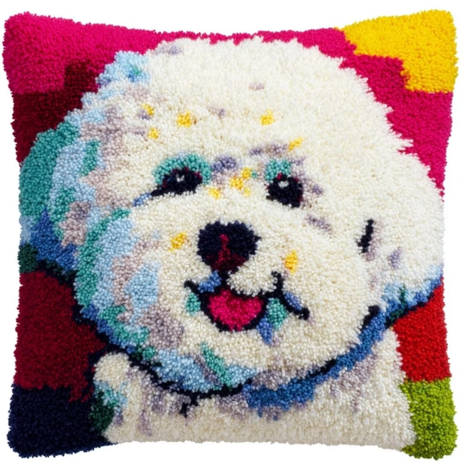 AxiangziK DIY Latch Hook Cushion Kit for Adults,Bichon Frise Animal Dog 17x17in Complete Pillow Cover Craft Set with Tool & Pre-Cut Yarn,Handmade Home Decor for Sofa