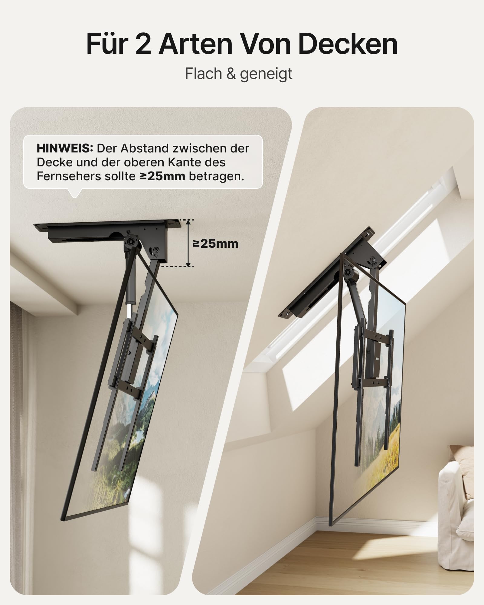 monTEK TV Deckenhalterung Elektrisch für 43-86 Zoll bis 55kg, VESA 800x400 | Fernbedienung/App/Sprachsteuerung, Klappbar Fernsehhalterung für Außermittig Angebrachte TV, für Flache/geneigte Dächer