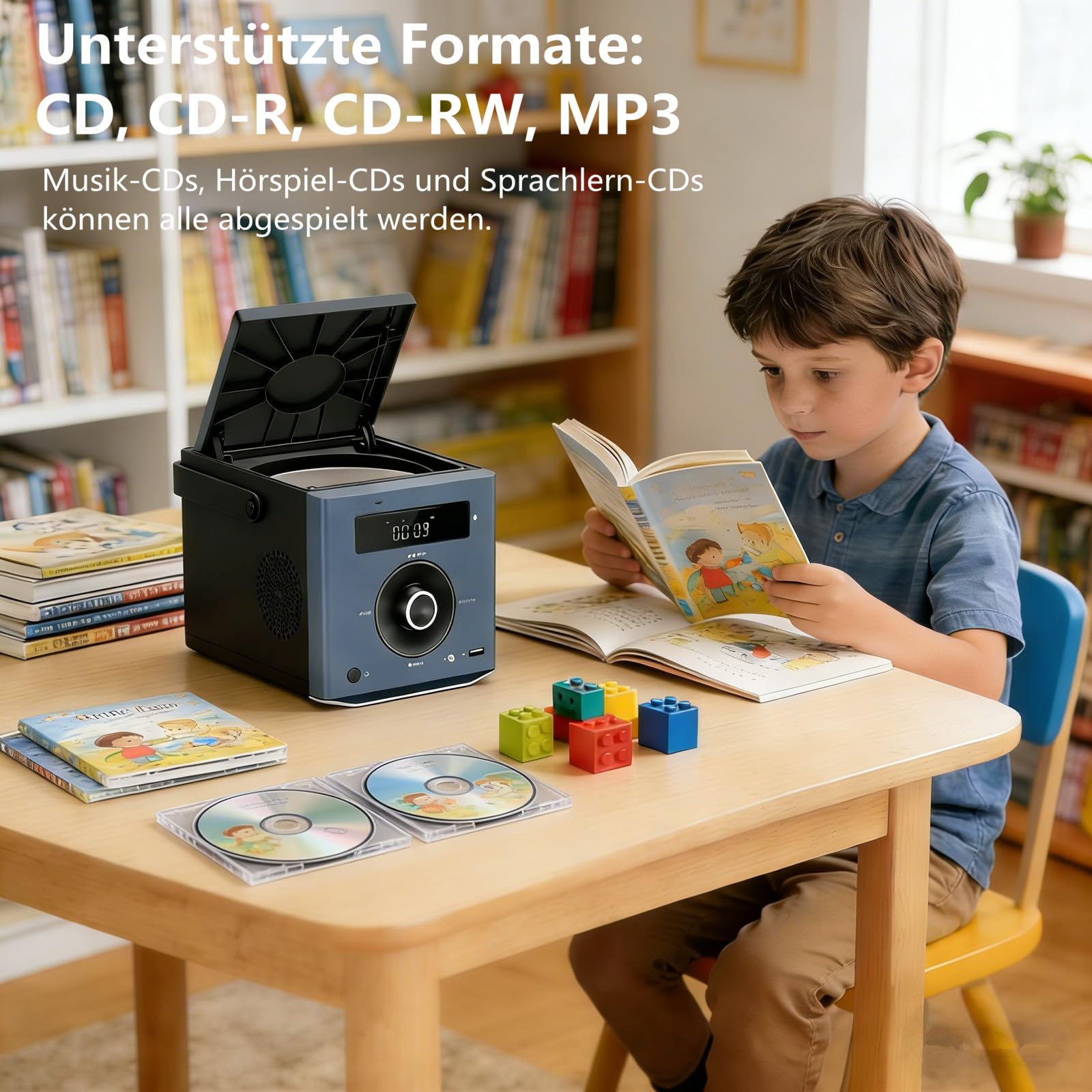 Reproductor de CD portátil 10W compatible con Bluetooth/Radio FM/Reproducción de MP3/Entrada USB/AUX/Jack para auriculares/Mando a distancia, batería integrada de 2000 mAh, Reproductor de CD estéreo