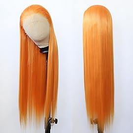 BTWTRY Synthetic Lace Front Wig - Long Straight Bright Orange, Pre-Plucked Natural Hairline, Glueless, Heat Resistant