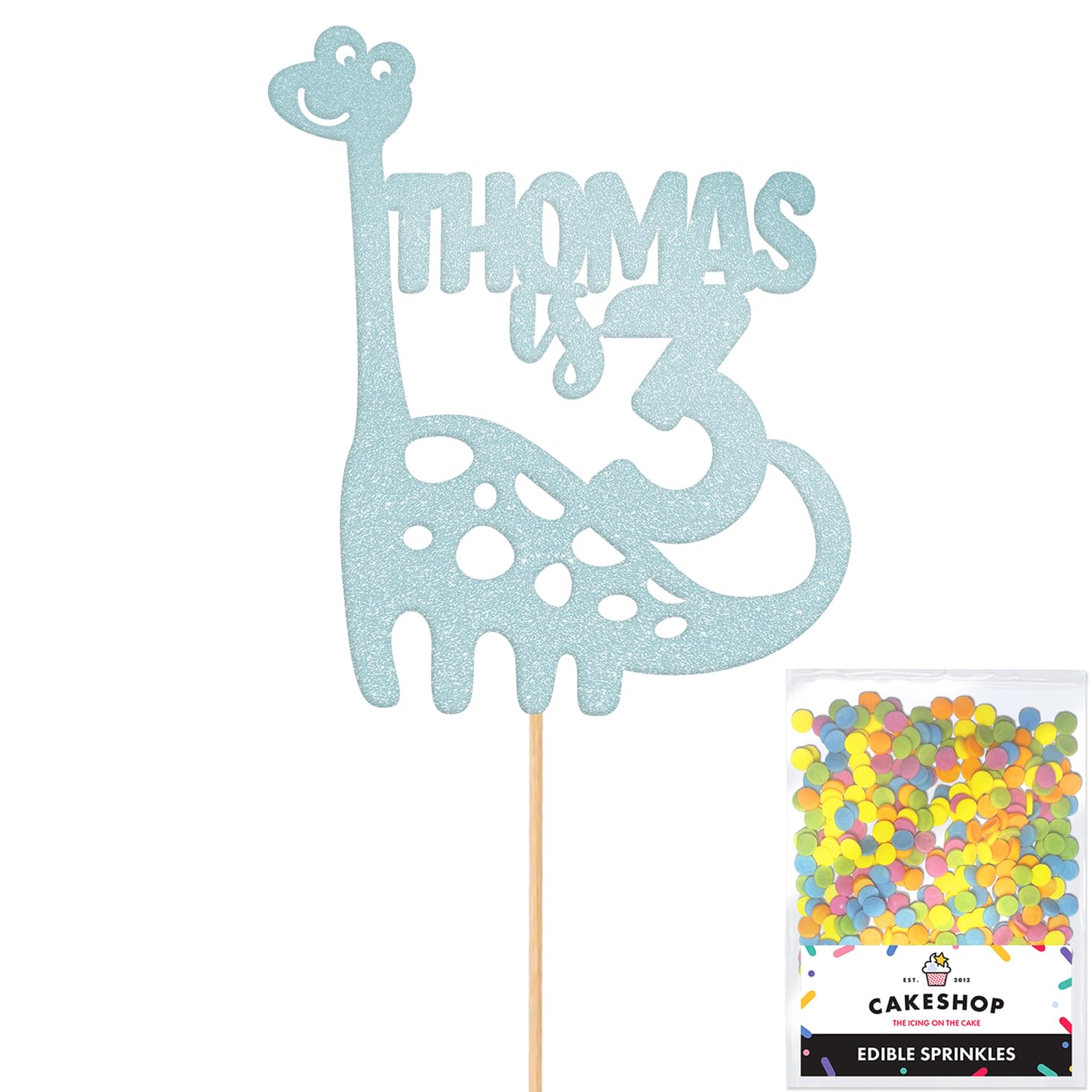 Personalised Birthday Dinosaur Glitter Cake Topper- Light Blue Any Name & Age Glitter Cake Decoration and Sprinkles - Happy Birthday Decorations - Personalised Toppers for Cakes by Cakeshop — image 1