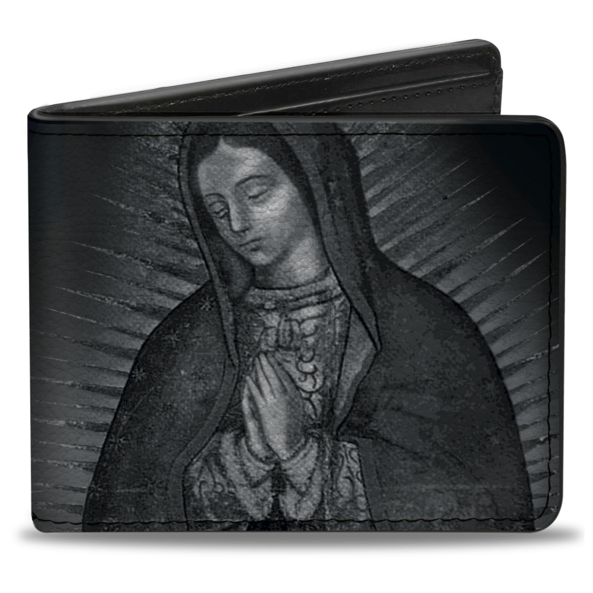 Buckle-Down Wallet, Bifold, Virgen de Guadalupe Close Up Tonal Grays, Vegan Leather