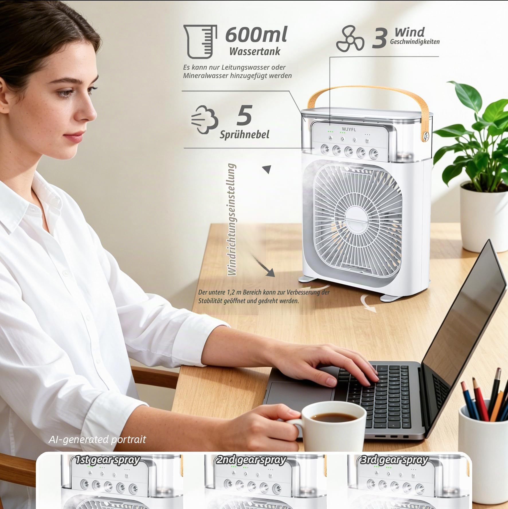 Mini Luftkühler mit 5 Sprühdüsen, 3 Sprühstufen und 600-ml-Wassertank | USB-betriebener Tischventilator mit 3 Windstufen, 1/2/3-Std.-Timer und 7-Farben-LED-Effekt für Büro und Schreibtisch