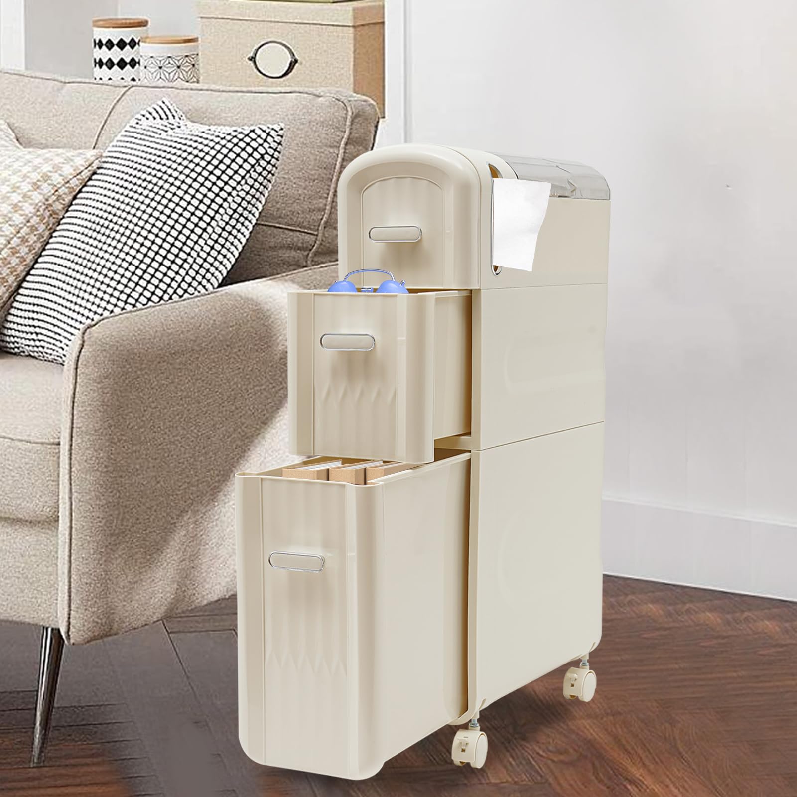 CRYBY Slim Storage Cabinet, Narrow Towel Cabinet Organizer Bathroom Floor Storage Cabinet with 3 Drawers & 4 Universal Wheels, Freestanding Bathroom