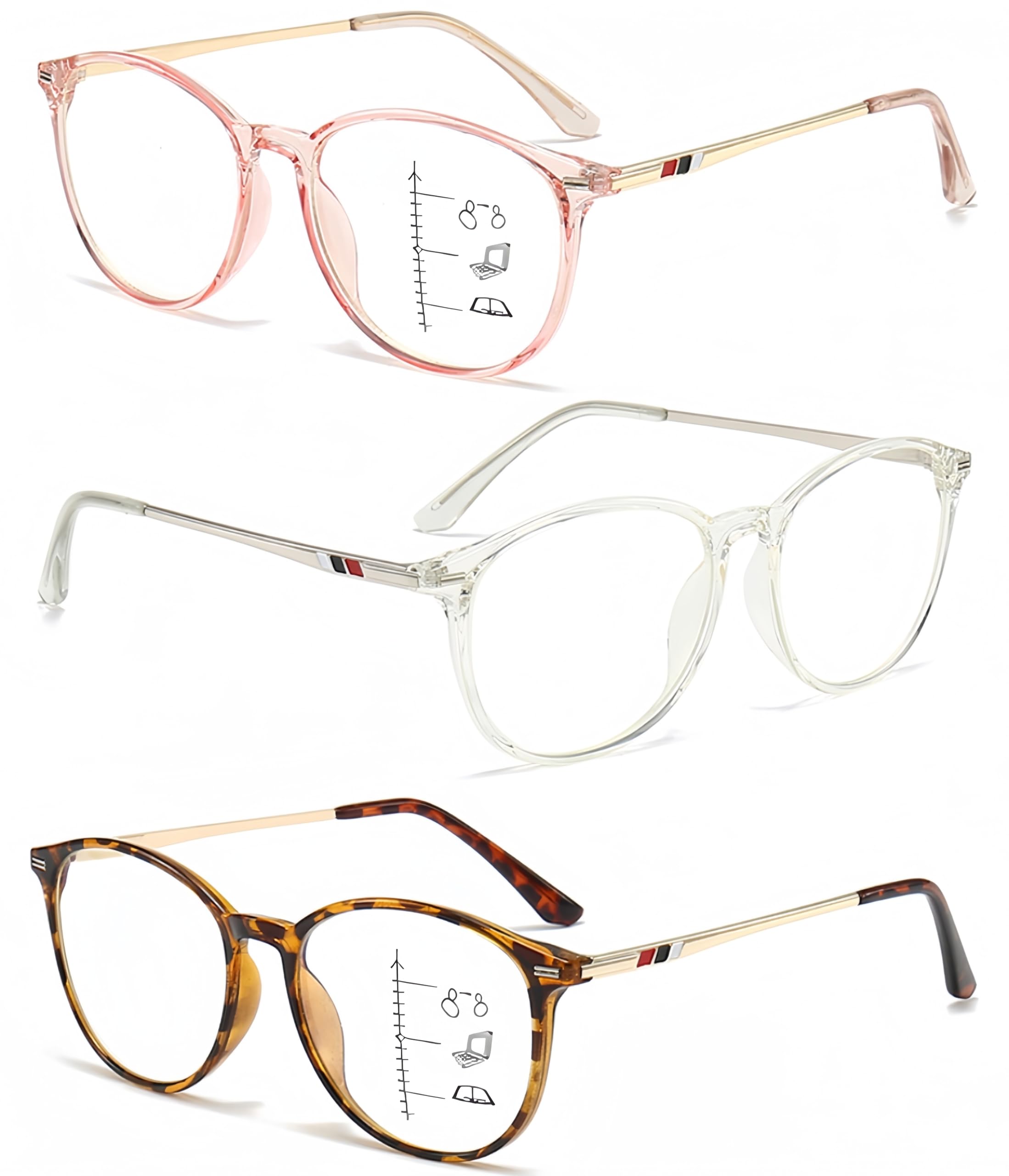 ICARA 3 Pack Fatigue Relieve Progressive Multifocus Reading Glasses Round Computer Readers Eyewear Blue Light Blocking