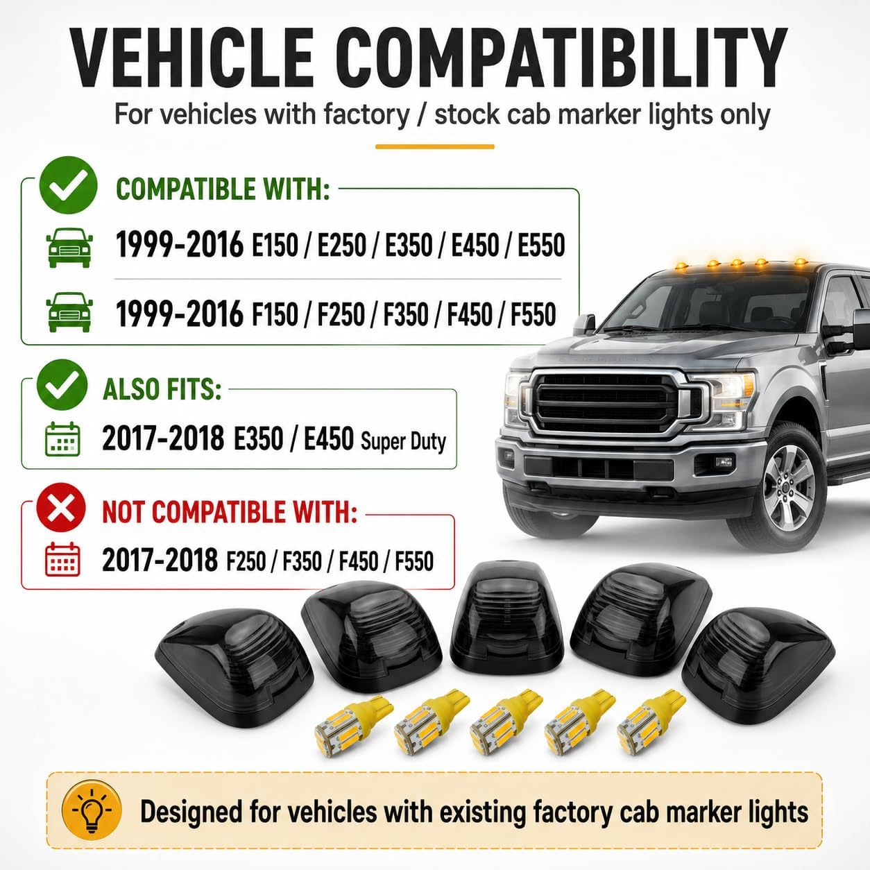 5PCS Smoked Cab Roof Marker Lights with Amber T10 LED Bulbs, Roof Clearance Light Assembly Compatible with Ford E150 E250 E350 E450 E550 F150 F250 F350 F450 F550 Super Duty 1999-2016