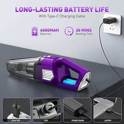 Miniatura 5 de Aspiradora de mano inalámbrica, 15000 PA, potente aspirador de succión para automóvil, ligero con múltiples accesorios, aspiradora de mano para
