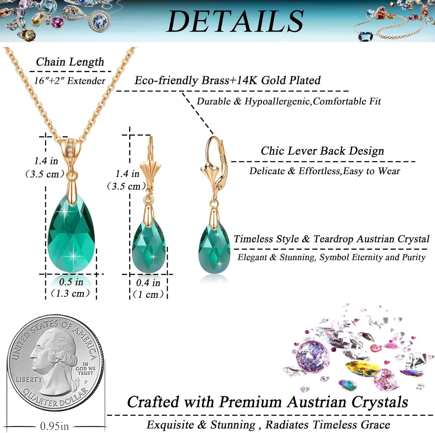 EVEVIC Austrian Crystals Teardrop Pendant Necklace Earrings for Women 14K Gold Plated Hypoallergenic Leverback Drop Dangle Earrings Jewelry Set - Image 4
