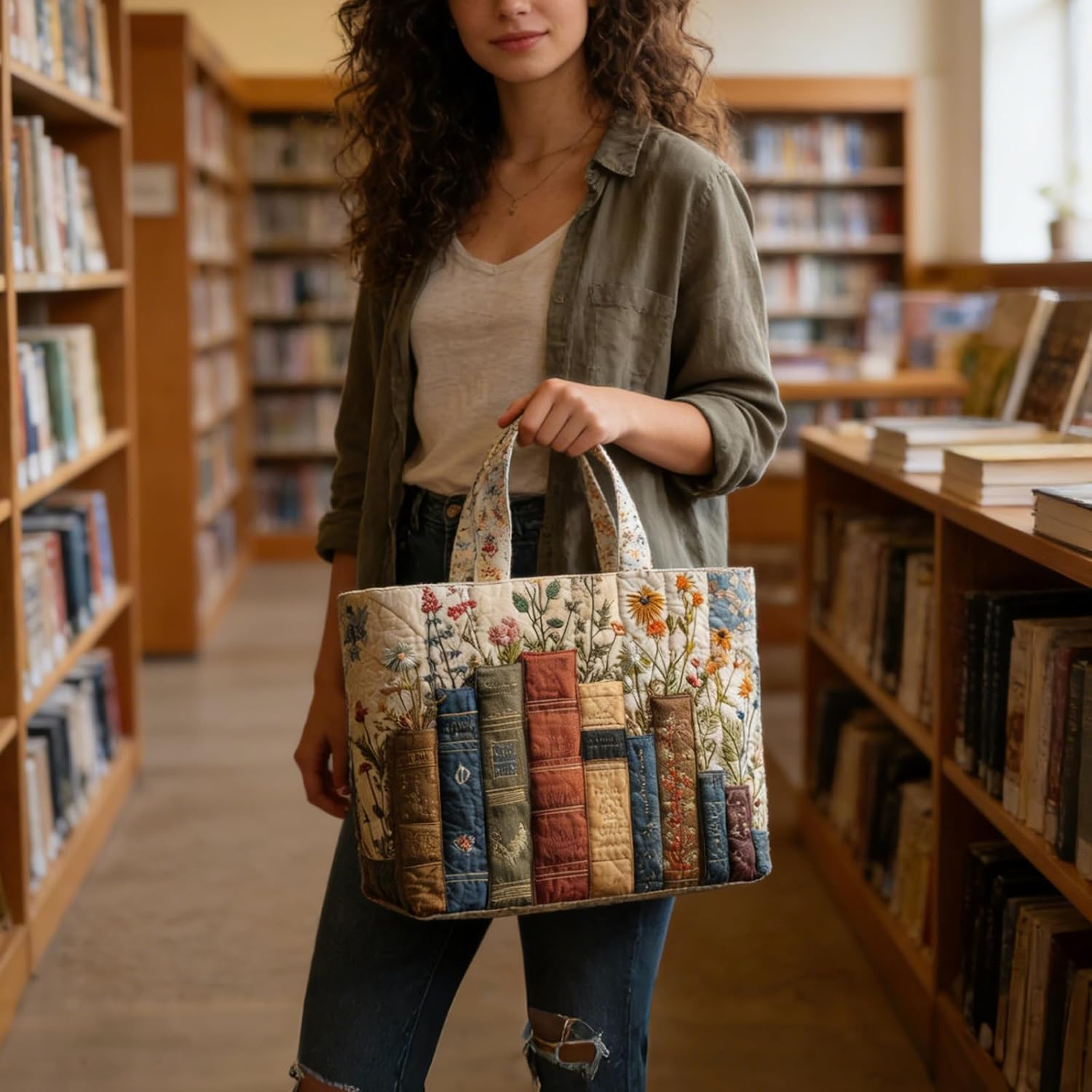 hibear Quilted Vintage Tote Bags for Women Large Bookish Shoulder Bag Cotton Floral Hobo Bag Shopping Grocery Beach Bag - Image 6