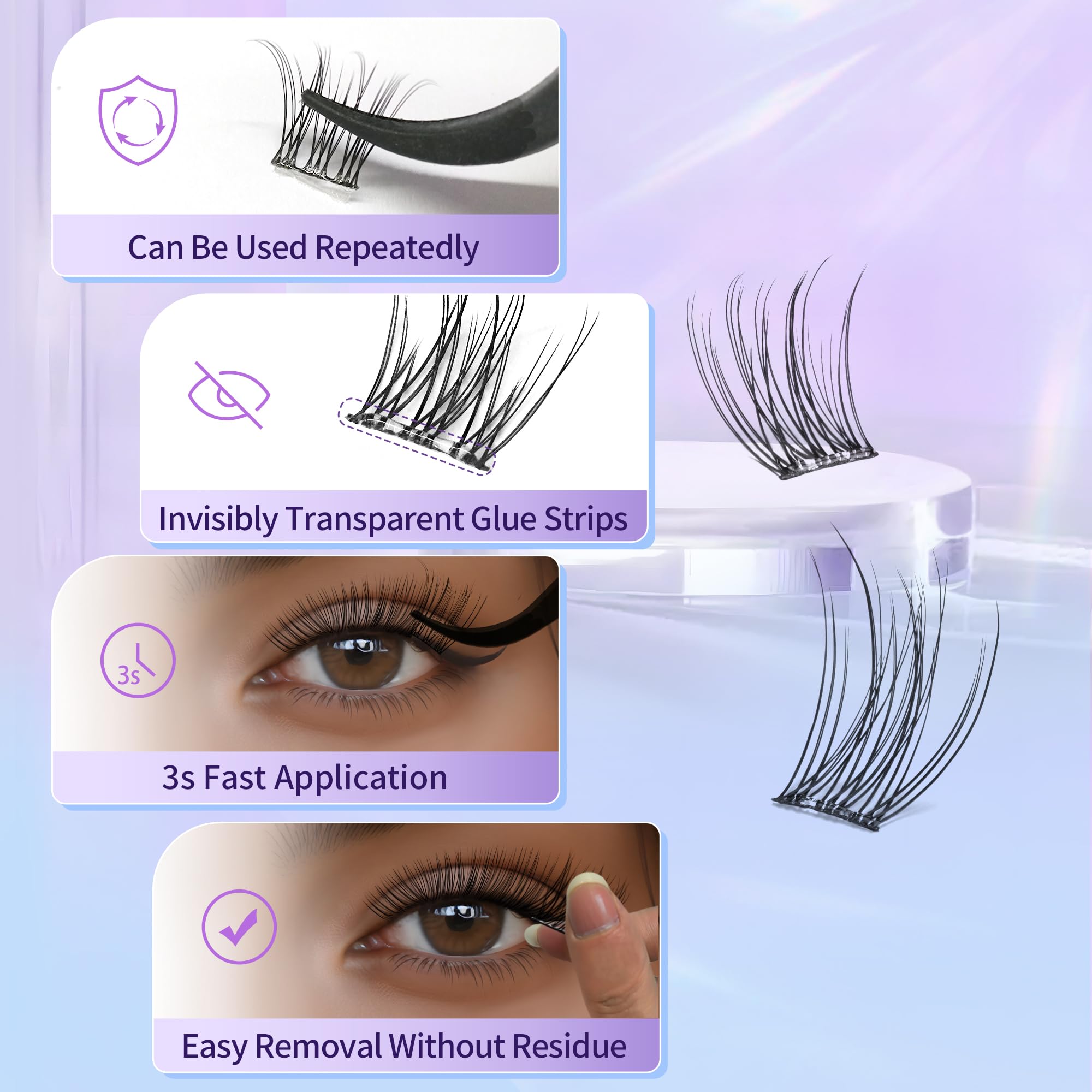 Self Adhesive Eyelashes Clusters Natural Lash Clusters No Glue Needed Lash Clusters 10-16mm 132pcs Natural look C curl Press On Lashes Pre Glued Eyelash Clusters Easy to Apply Beginner Friendly