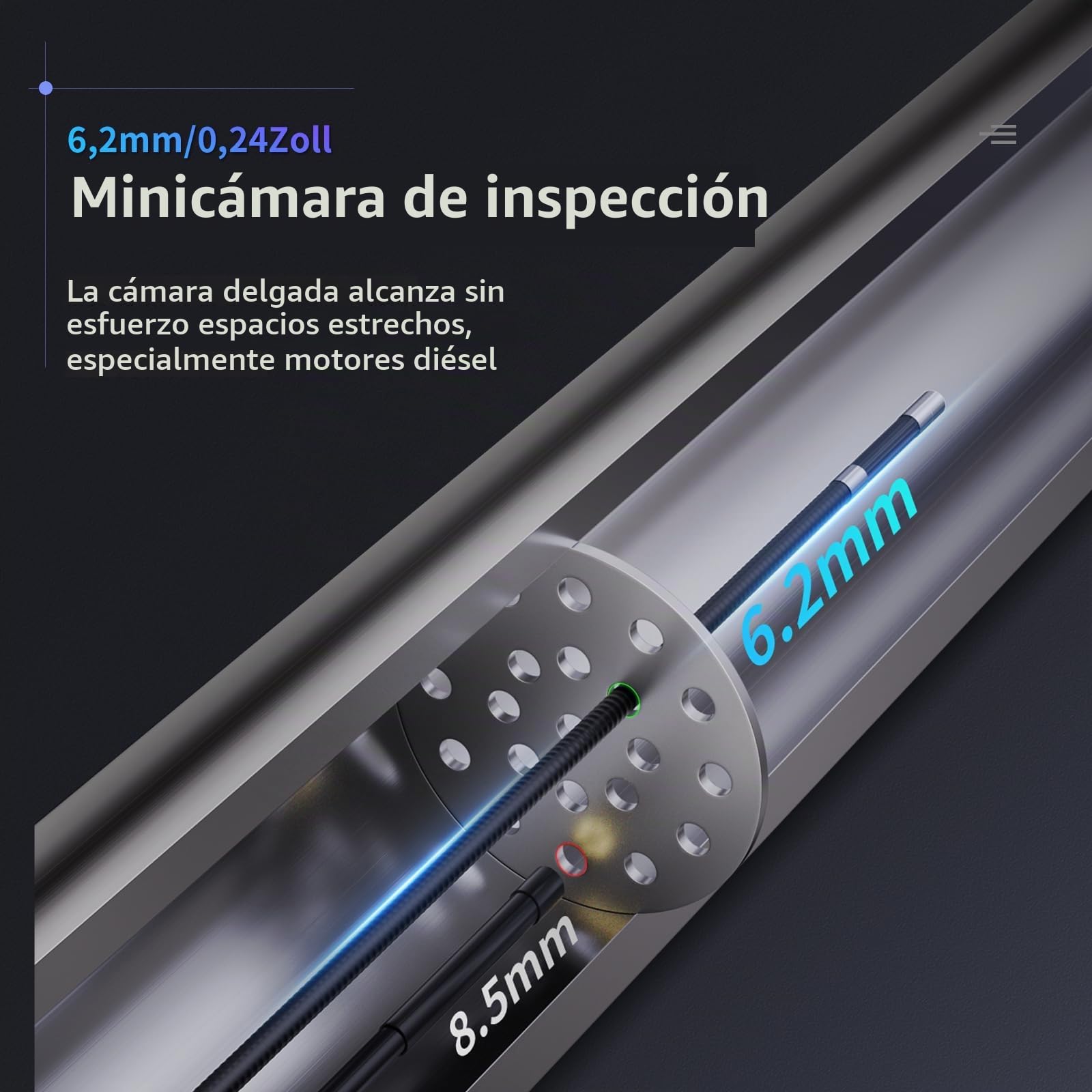 Ralcam Cámara Endoscópica Giratoria 210°, Pantalla HD 3,5", Sonda 6,2mm Semirrígida Impermeable para Inspección de Motor, Vehículos y Tuberías (Cable 2m)