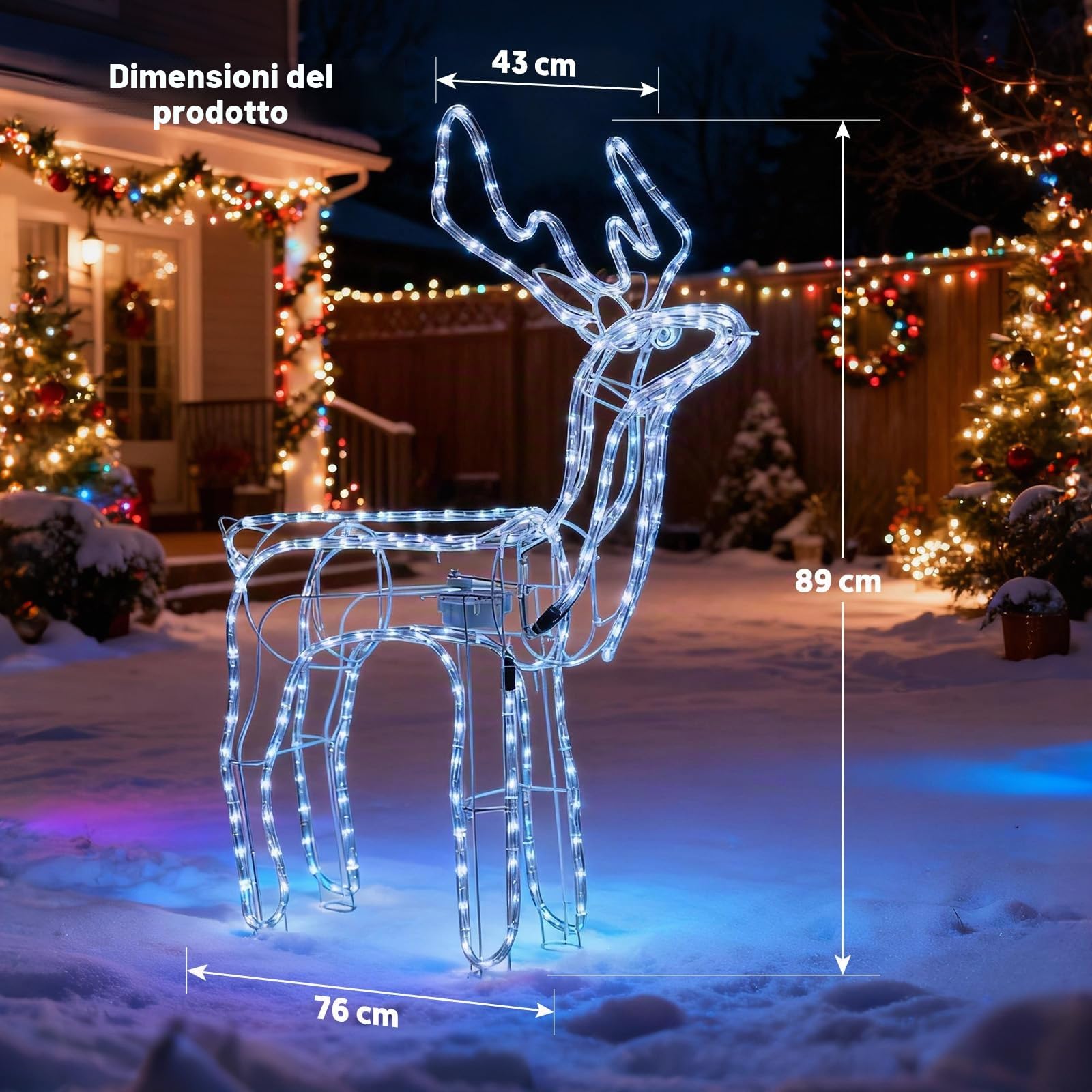 LEDYA Renna di Natale luminosa con testa animata, 216 LED bianco freddo, grande renna luminosa 89 cm, decorazione natalizia da interno/esterno con timer, alimentazione a rete per giardino o veranda