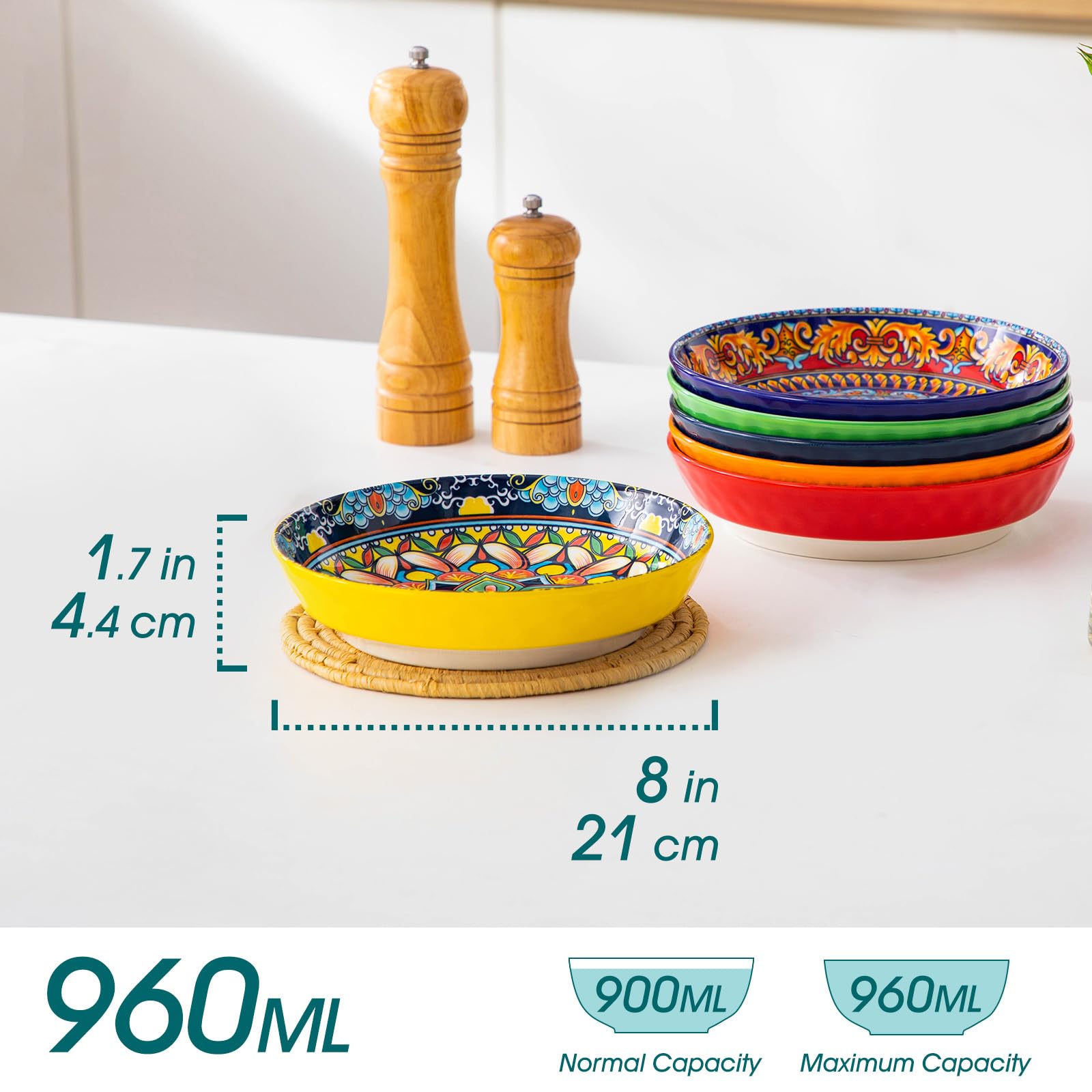 vancasso Suppenteller 6er Set, Pastateller KRVI Tiefe Teller Set, Pasta Teller Tief Groß, Buntes Tiefteller Set Ø 21cm, 960ml Suppenschüssel für Suppe, Müsli, Pasta, Salat, Spülmaschine Mikrowellen