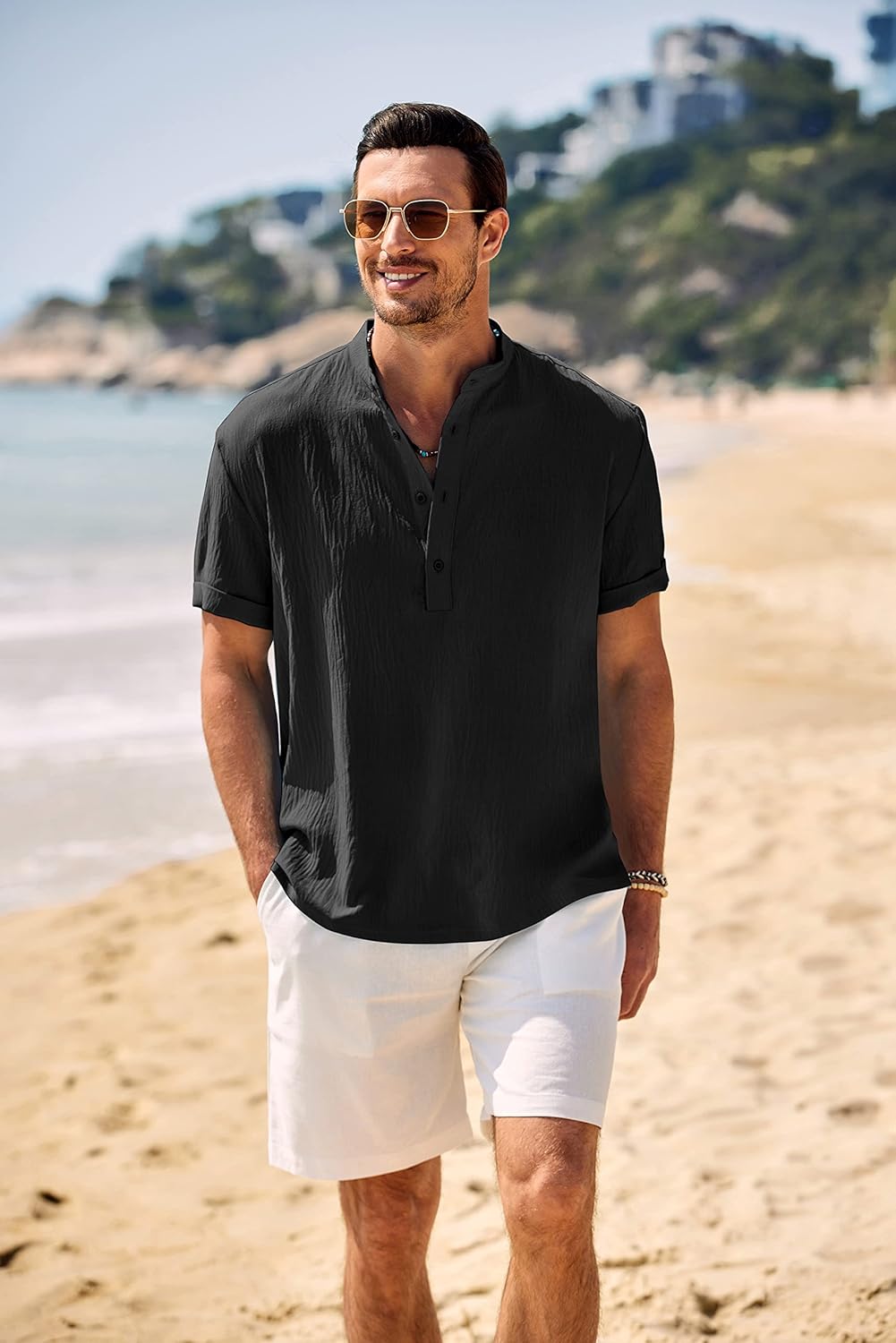COOFANDY Men's Casual Henley Shirt Band Collar Short Sleeve Shirt Summer Beach Hippie T-Shirt - Image 2
