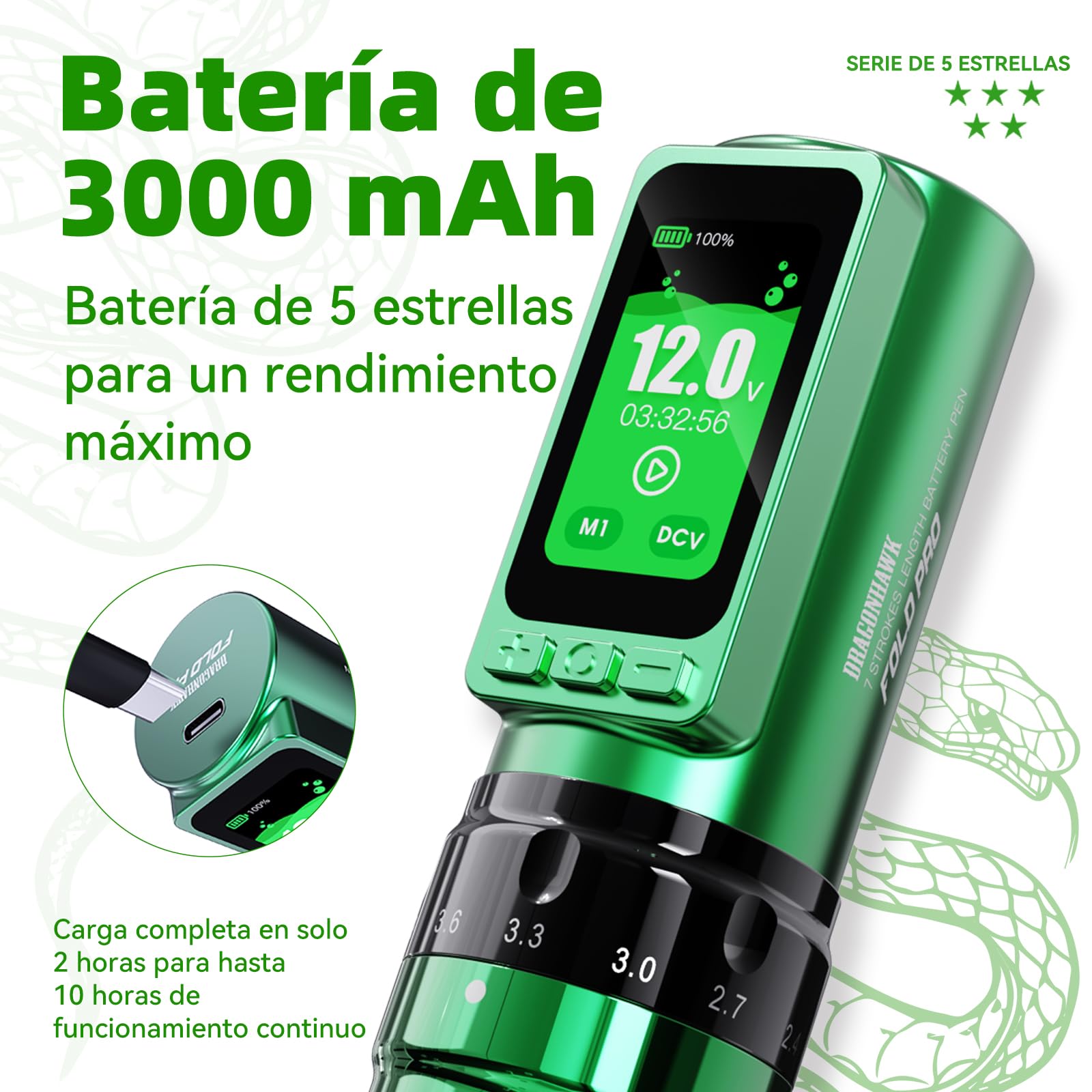 Dragonhawk Fold Pro Year of Snake Edition Rotary Tattoo Pen Inalámbrica Mcore-C3, 3000mAh con 2 Baterías