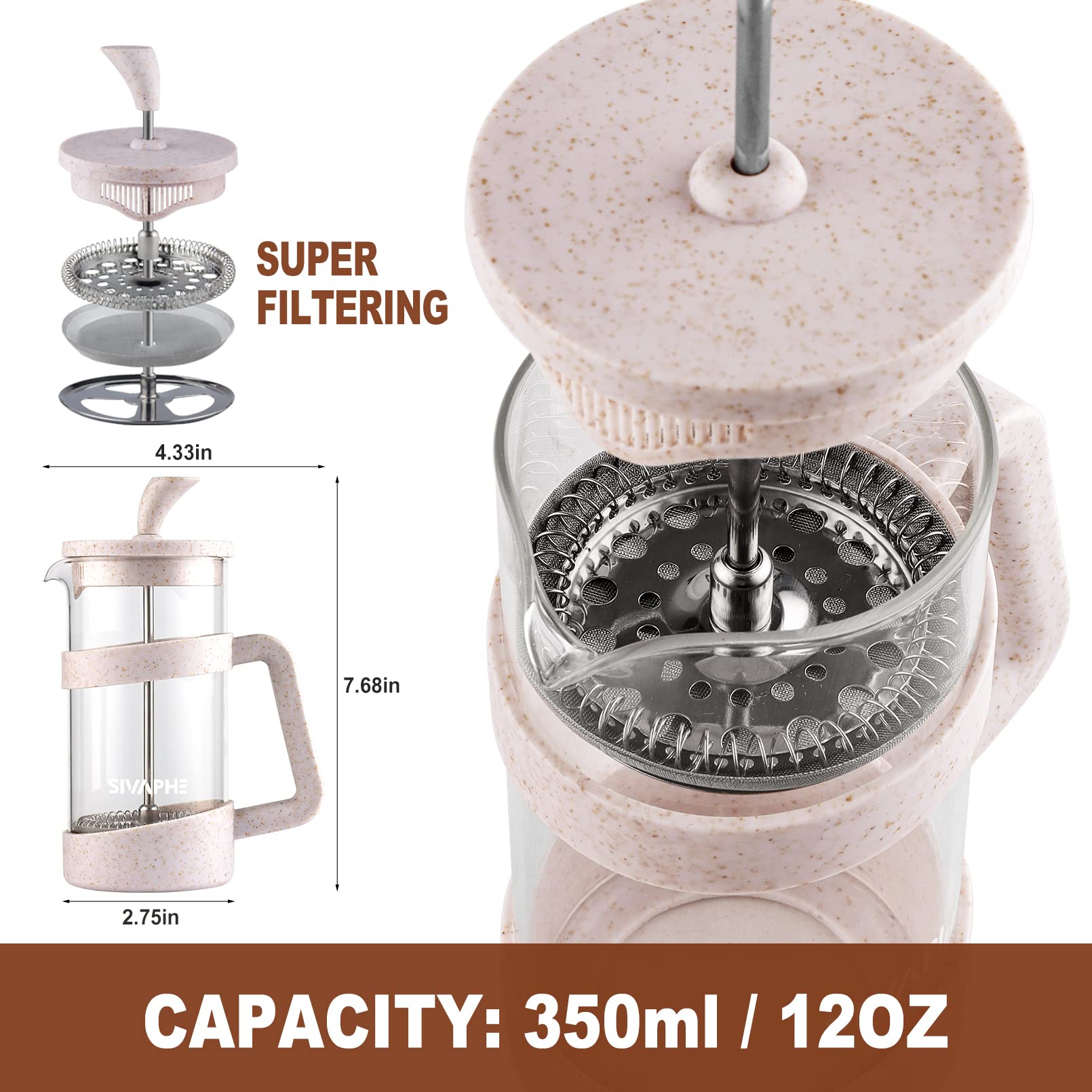 Sivaphe French Press Coffee Maker, Cafetiere Coffee Plunger 350ml 12oz 1-2 Cup, Small Tea Press Borosilicate Glass - Image 3