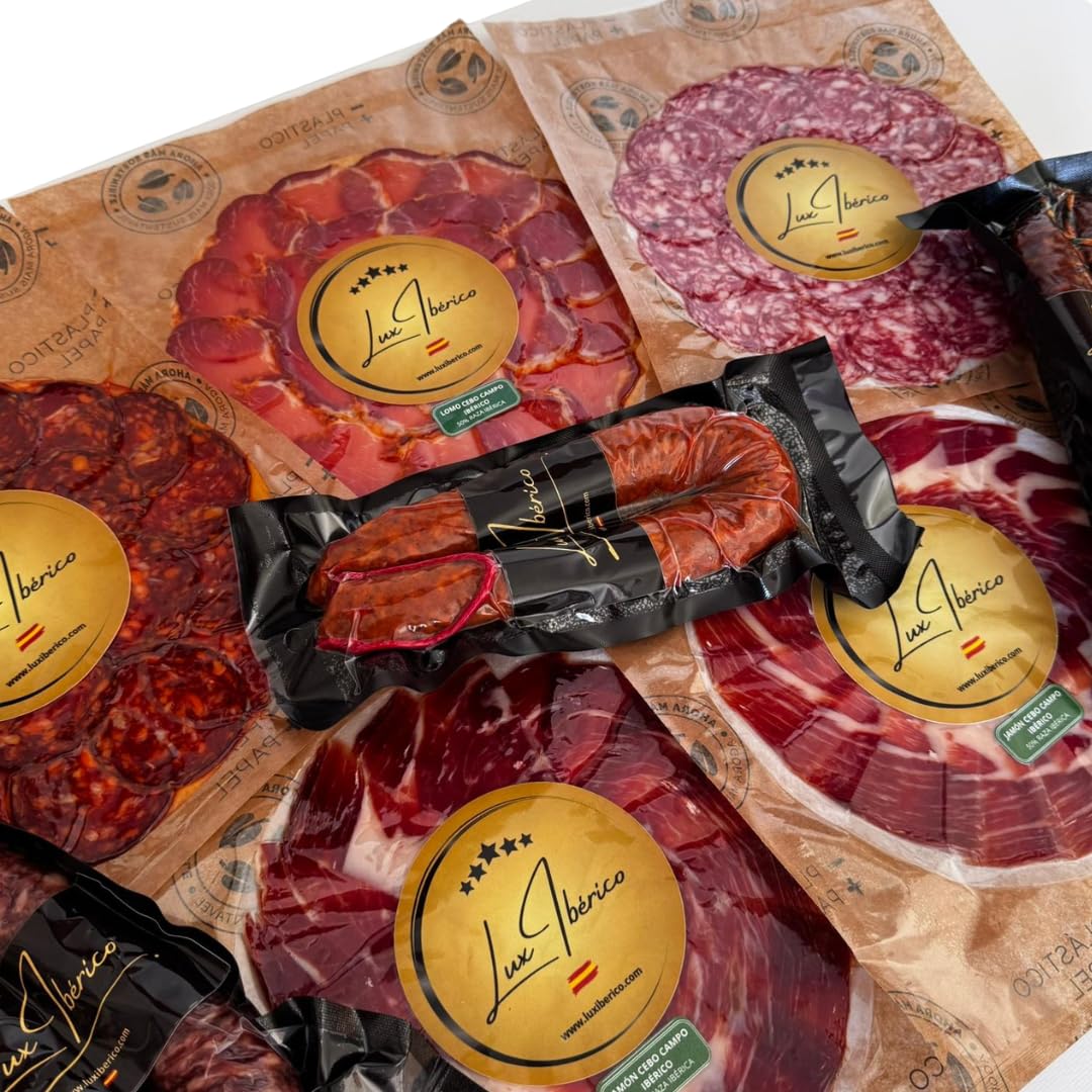 Lux Ibérico | Sabores de España | Caja Regalo Gourmet con Jamón, Lomo, Chorizo y Salchichón Ibérico Loncheado, Morcilla Patatera y Embutido Herradura | Regalo Gourmet