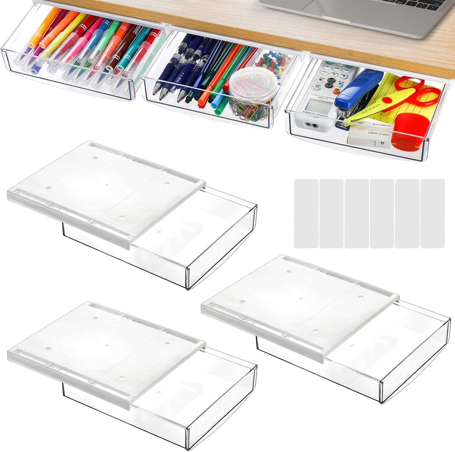 SOUJOY 3 Pack Under Desk Drawer, Self-Adhesive Slide Out Organizer Tray, Plastic Stick On Table Hidden Attachable Drawer Tray for Office Home School Kitchen