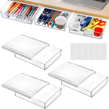 SOUJOY 3 Pack Under Desk Drawer, Self-Adhesive Slide Out Organizer Tray, Plastic Stick On Table Hidden Attachable Drawer Tray for Office Home School Kitchen