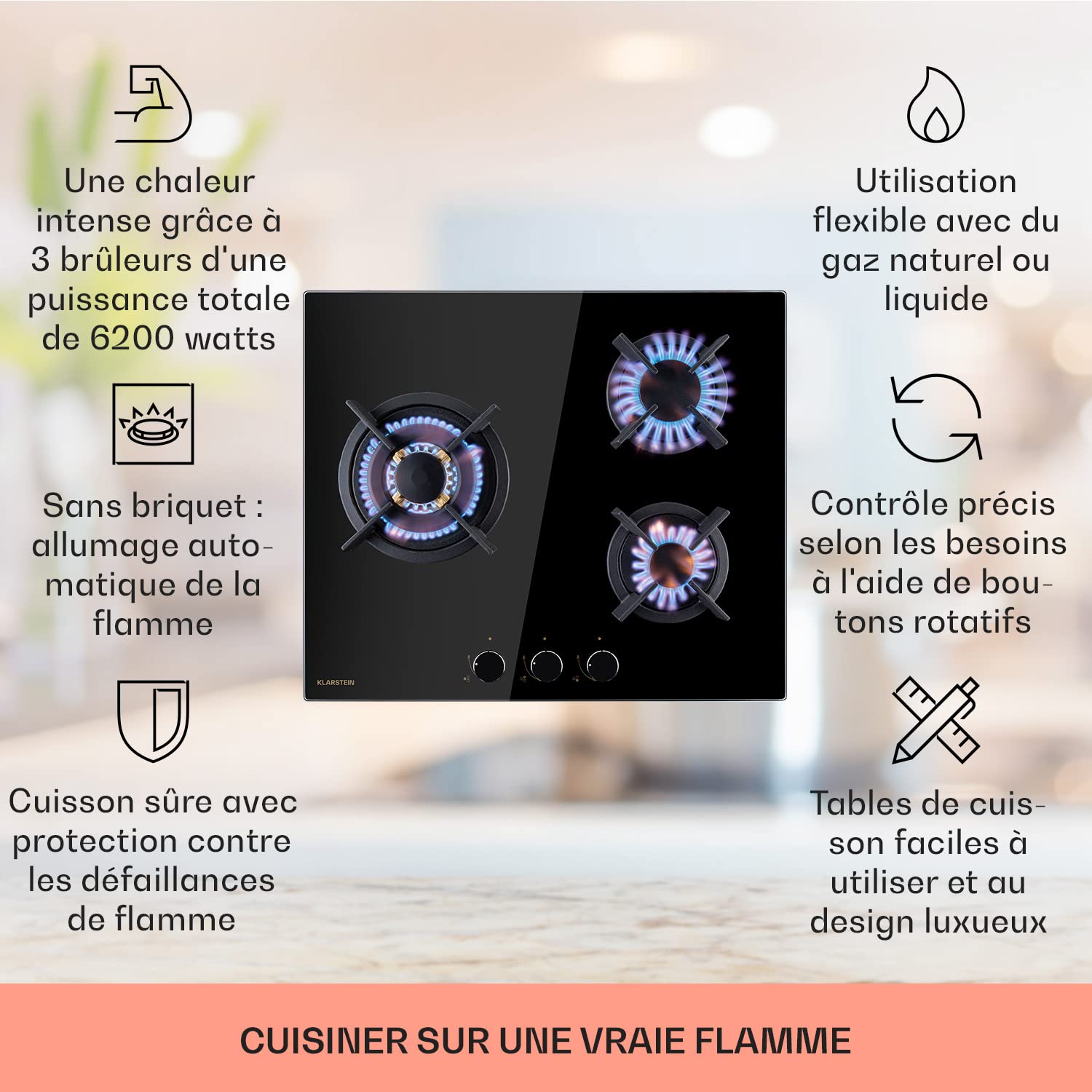 Klarstein Tables de Cuisson à Gaz, Plaque de Cuisson Gaz à 3 Brûleurs, Table de Electrique à 3 Feux de 6200W, Cuisiniere Gaziniere avec Brûleurs en Acier Inoxydable, Cuisinières GPL