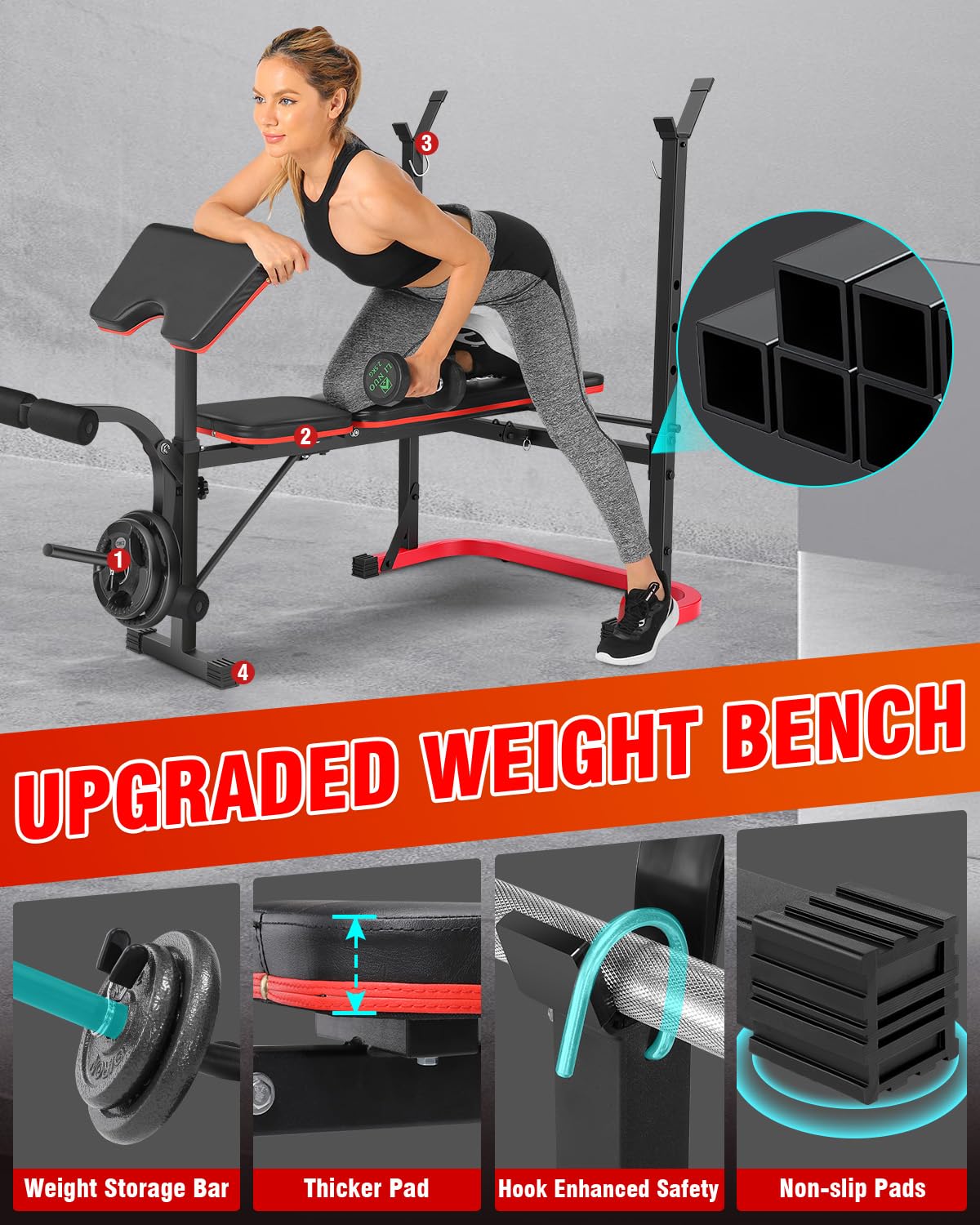 6 in 1 Weight Bench Set with Leg Extension and Leg Curl, 660 LBS Adjustable Bench Press Set with Preacher Curl Pad, Foldable Workout Bench for Home Gym, Strength Training for Teens/Adults