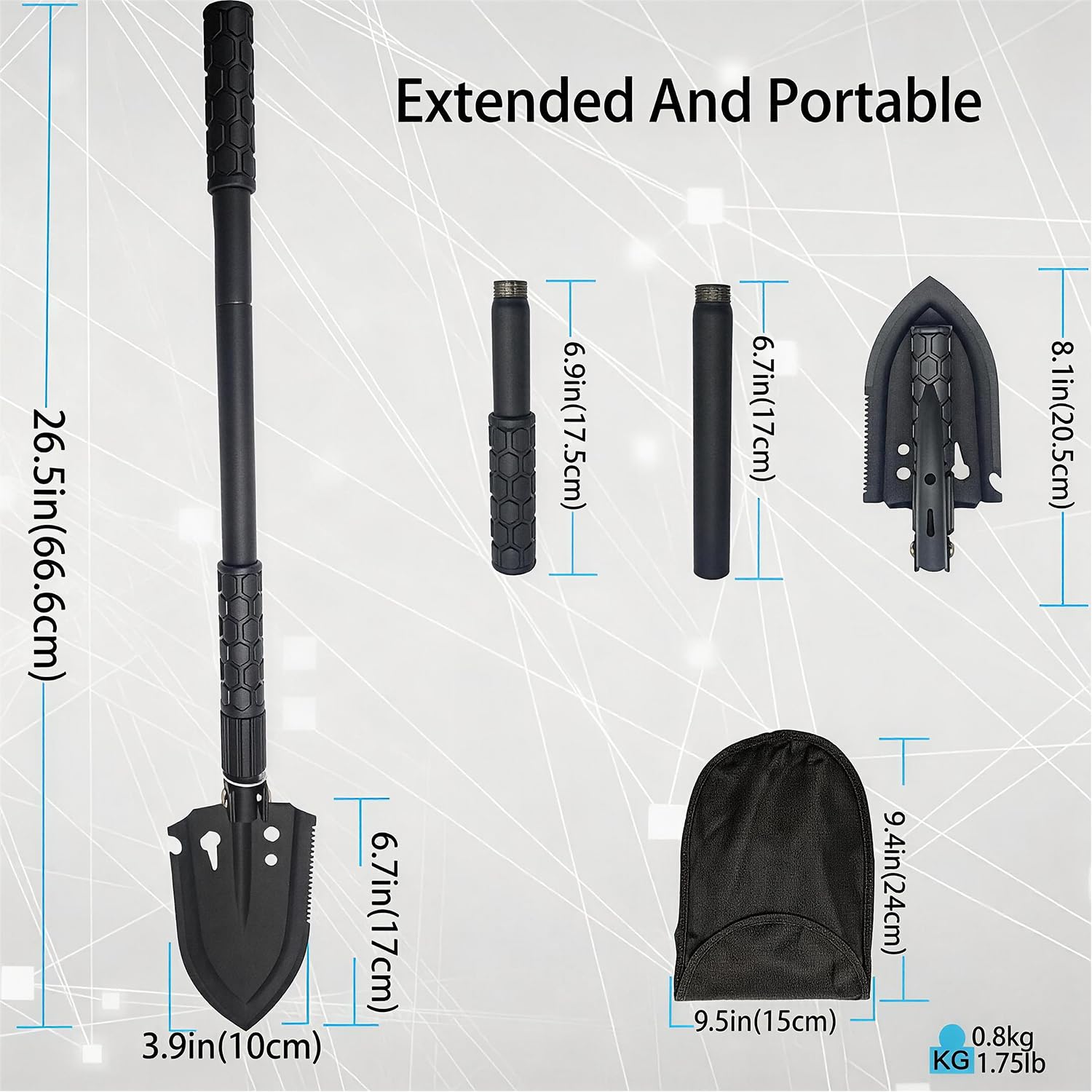 Pala Plegable Multifuncional 66 cm, Pala de Nieve Plegable, Pala Plegable Militar, Pala de Supervivencia Camping, Portátil Pala Plegable para Camping, Jardín, Supervivencia, Senderismo, Car