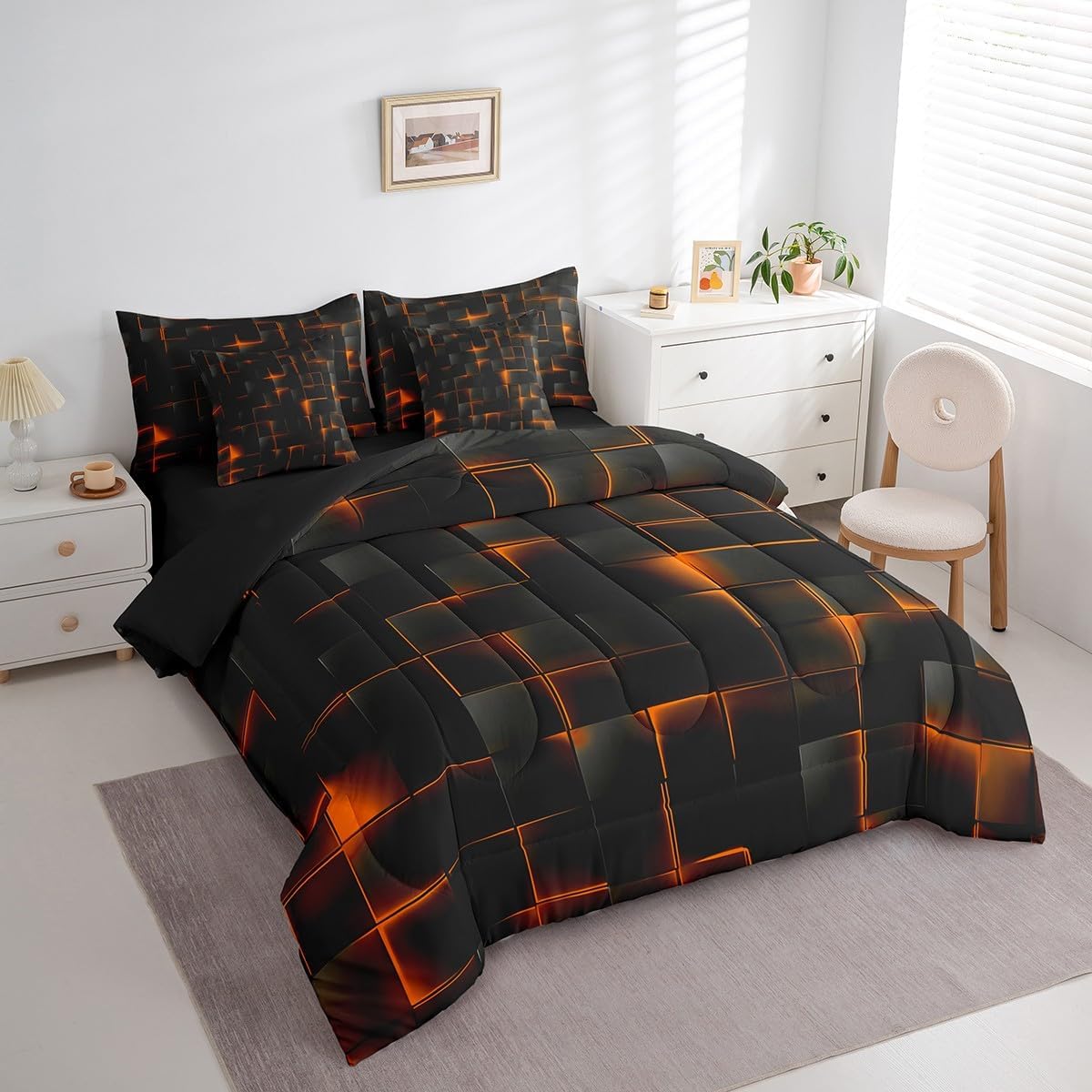 Feelyou Orange and Black Comforter Set with Sheets 7 Piece Full Size Kids Light Geometric Bed in a Bag Bedding Set Modern Style Bed Set with Comforter, Sheets, Pillowcases & Cushion Covers