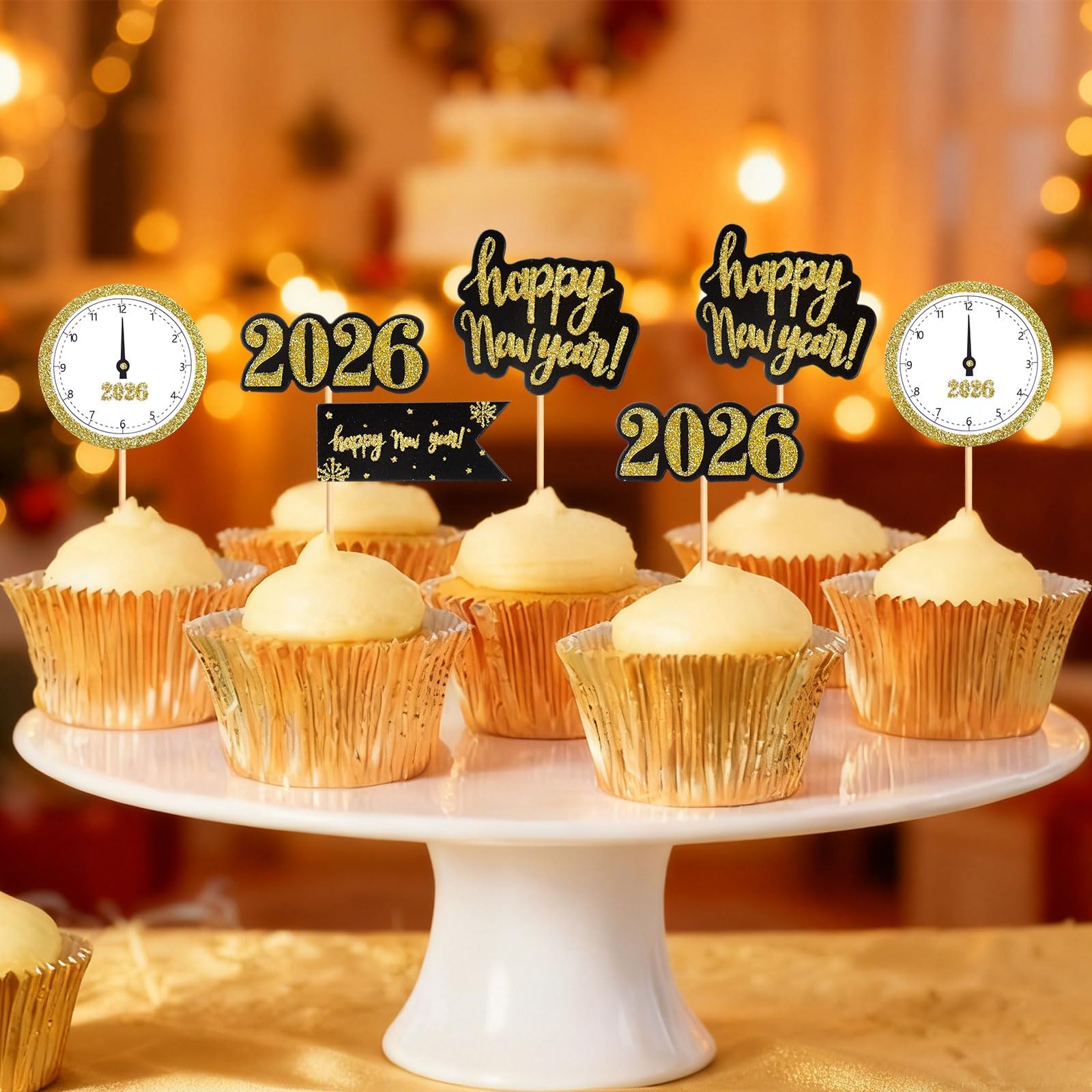 24 Pcs Happy New Year Cake Topper 2026,Eve Toppers Picks 2026 Decorations for Photo Booth Props Oranment,NYE Black and Gold Glitter Picks Dessert Table Decorations for Party Supplies