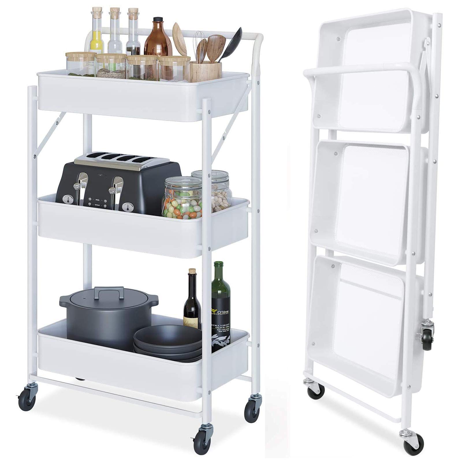3 Tier Foldable Storage Organzier Cart with Wheels, No Assembly Need Cart with Handle,Metal Rolling Cart with Hooks & Cups, Heavy DutyUtility Cart for Kitchen Pantry, White