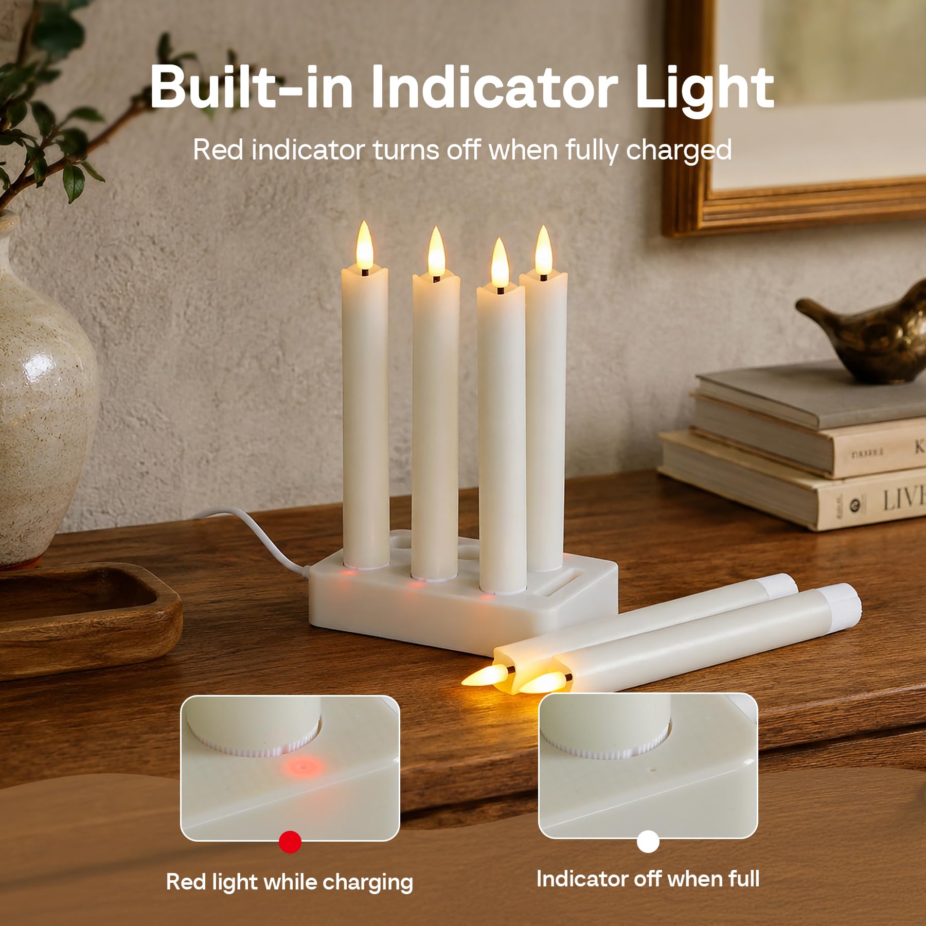Velas LED recargables mando temporizador, sin llama Marfil cera real pack 6 base carga, parpadeante mecha 3D luz cálida candeleros decoración hogar 1,98cm x 17,8cm