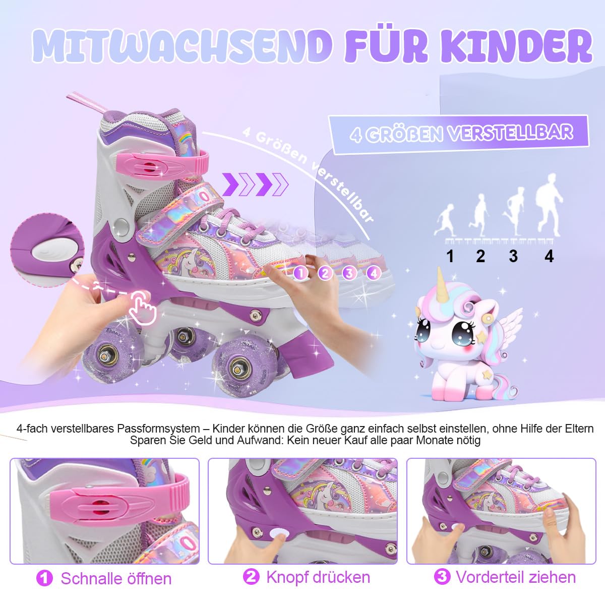 Rollschuhe Mädchen,Rollschuhe Kinder,4 Größen Einstellbare Rollschuh mit 8 Blinkenden Rädern für Jungen,Mädchen,Anfänger