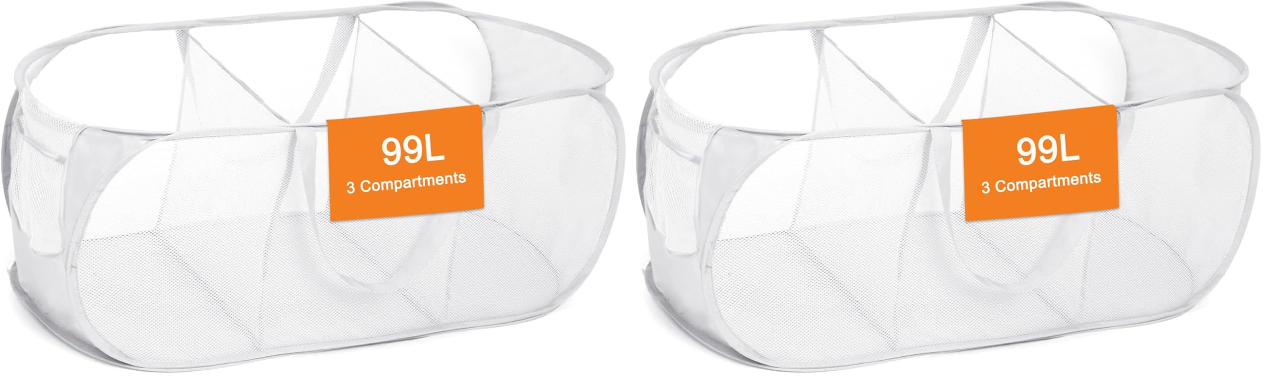Durable Collapsible Foldable Mesh Pop Up Laundry Basket, 3 Compartments Easy to Carry &amp; Sort Clothes Hampers for Home, Dorm, Travel White (Pack of 2)