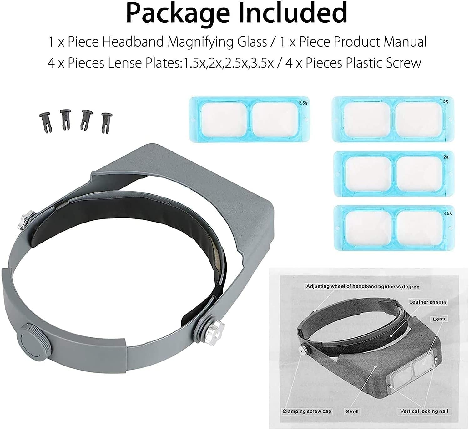 Kopfbandlupe mit 2 LED-Leuchten, freihändige optische Fernglaslupe mit 4 austauschbaren Linsen, zum Lesen, für Elektronikreparaturen und Schmuckreparaturen – doppelter Komfort