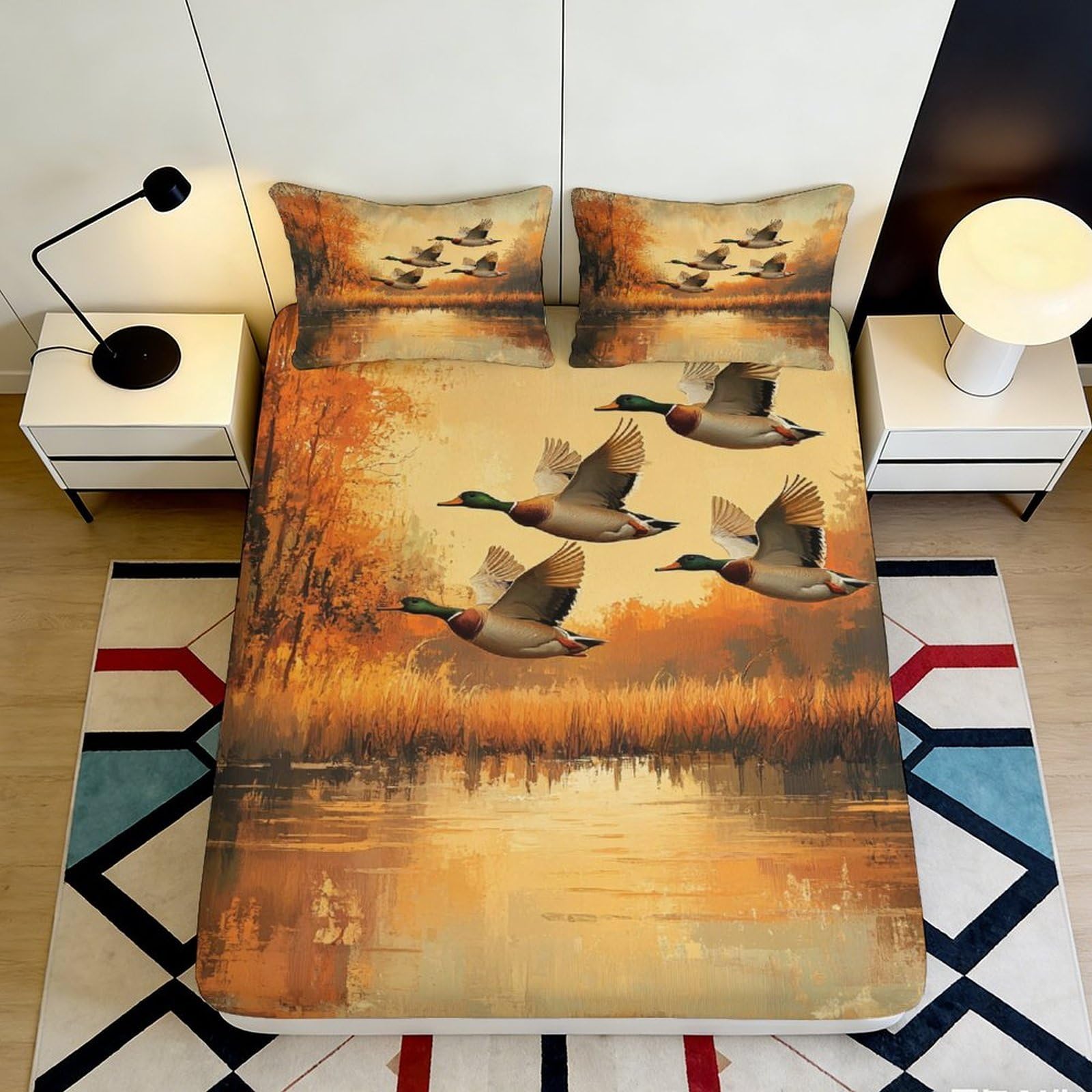3D Printed Flying Mallard Ducks Fitted Sheet Microfiber Autumn Lake Mattress Cover Anti-Slip Washable Bedroom Decor 90x200x25cm