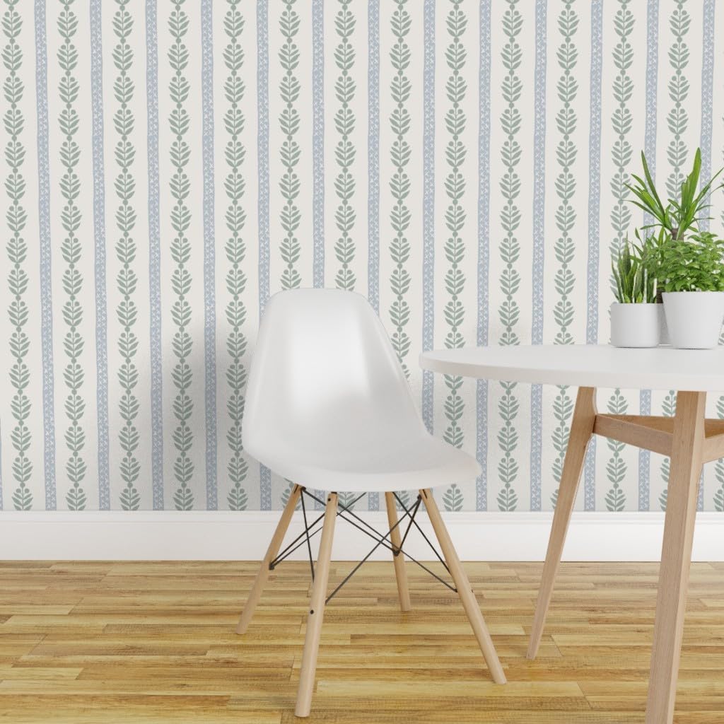 Removable Wallpaper Swatch - Blue Regency Stripe Neutral Traditional Soft Blue Pastel Green Cottagecore Grandmillenial Custom Pre-Pasted Wallpaper by Spoonflower